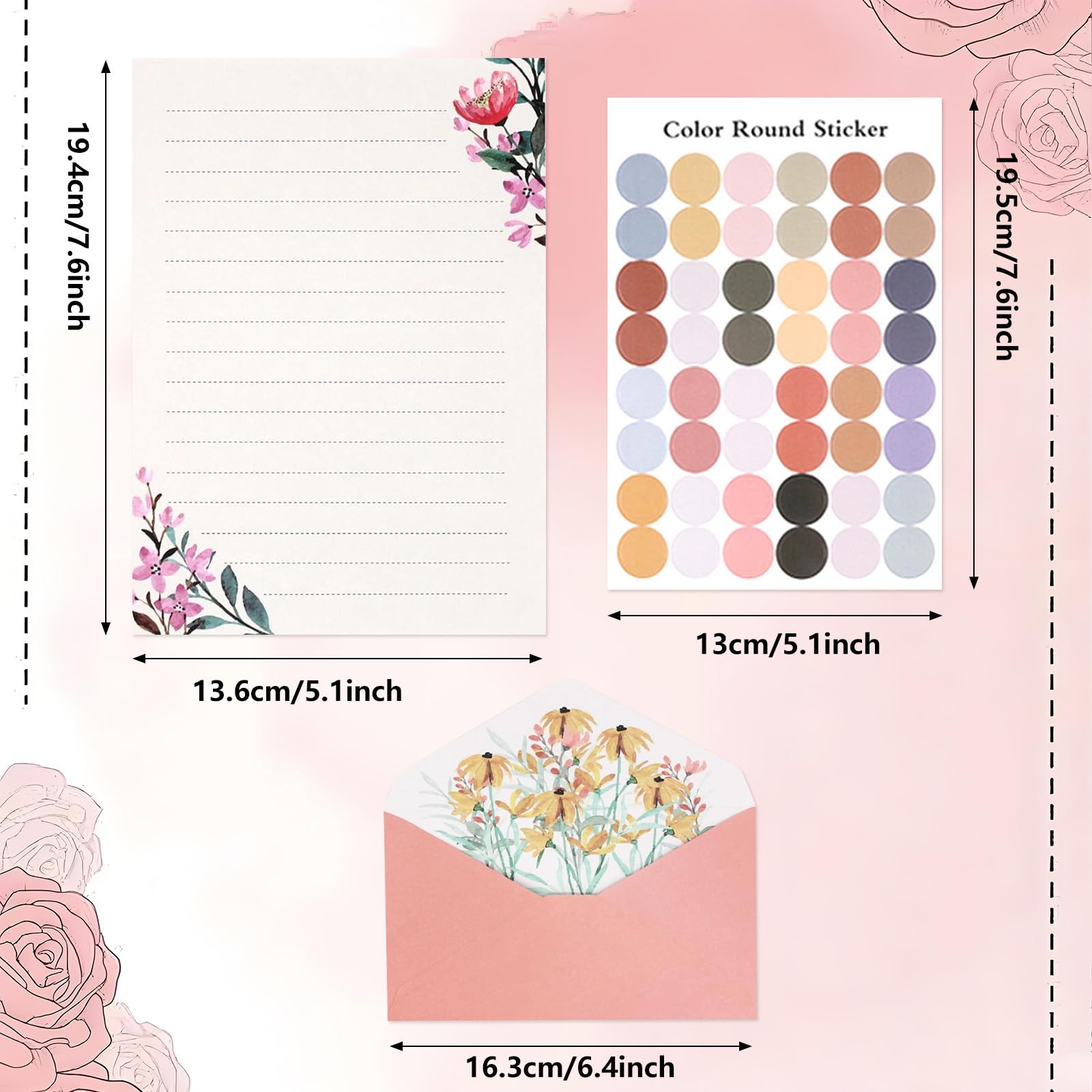 37-teiliges Briefpapier-Umschläge-Set enthält 24 linierte Briefpapiere und 12 Umschläge mit 48 runden Aufklebern, warmes Blumen-Thema, Briefpapier-Set für Hochzeitseinladungen, Wünsche, Blumen (6