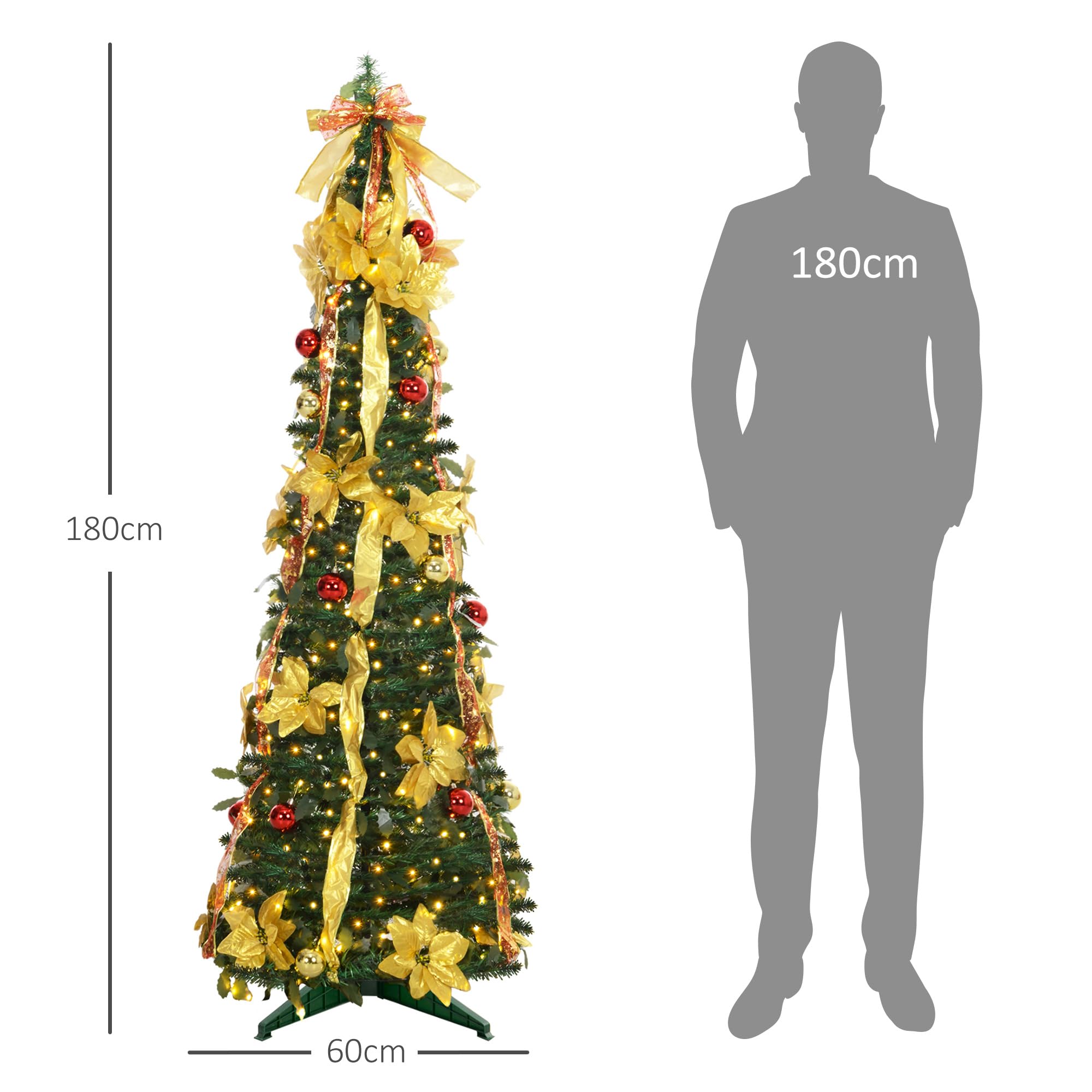 HOMCOM Árbol de Navidad 180 cm con Luces LED Artificial Plegable con Adornos Pre-instalados Árbol Navideño para Interior Verde