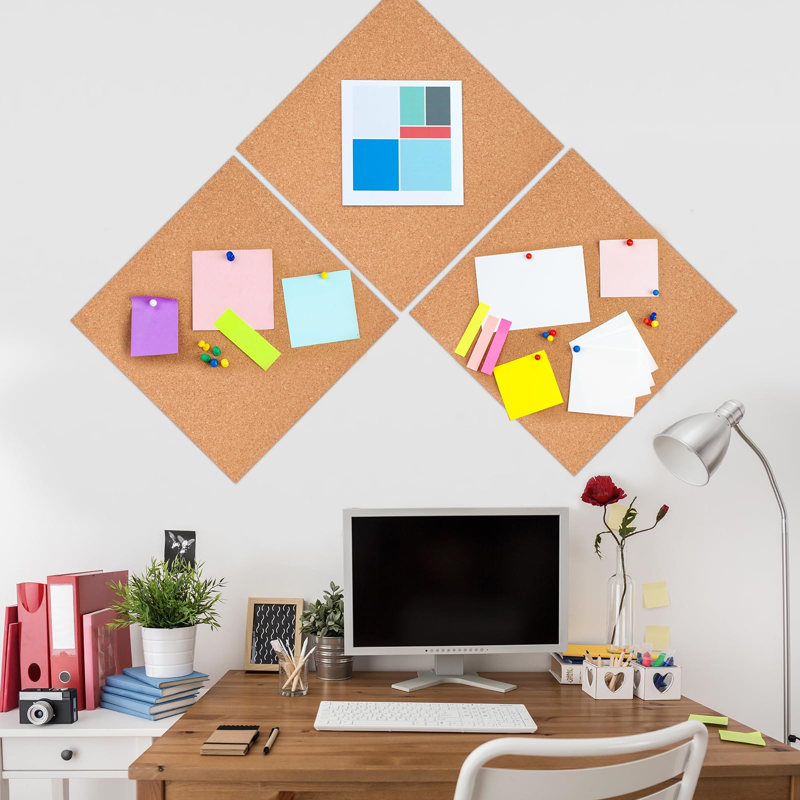 6 paneles de corcho cuadrados autoadhesivos para pared con 100 pines para tablones de anuncios, pared de corcho, decoración del hogar, escuela, oficina, (30 x 30 x 0,6 cm)