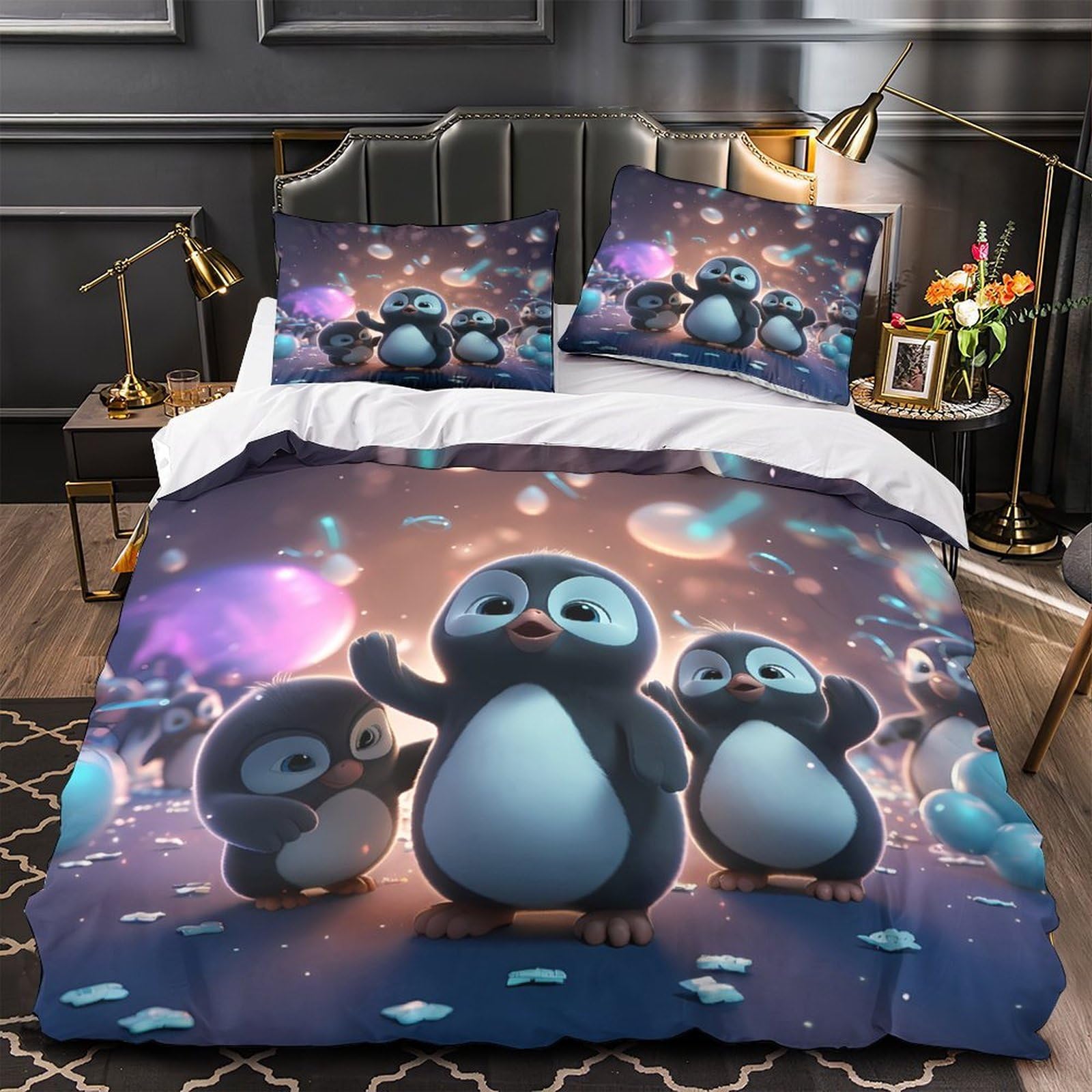 Parure de lit enfant pingouin 135x200cm avec housse de couette single en microfibre