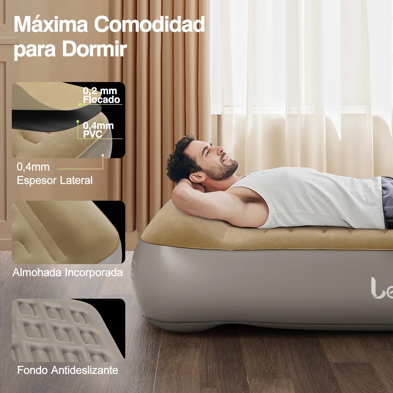 Colchón Hinchable Matrimonio con Bomba Integrada 203x152x33CM Almohada 250kg Khaki