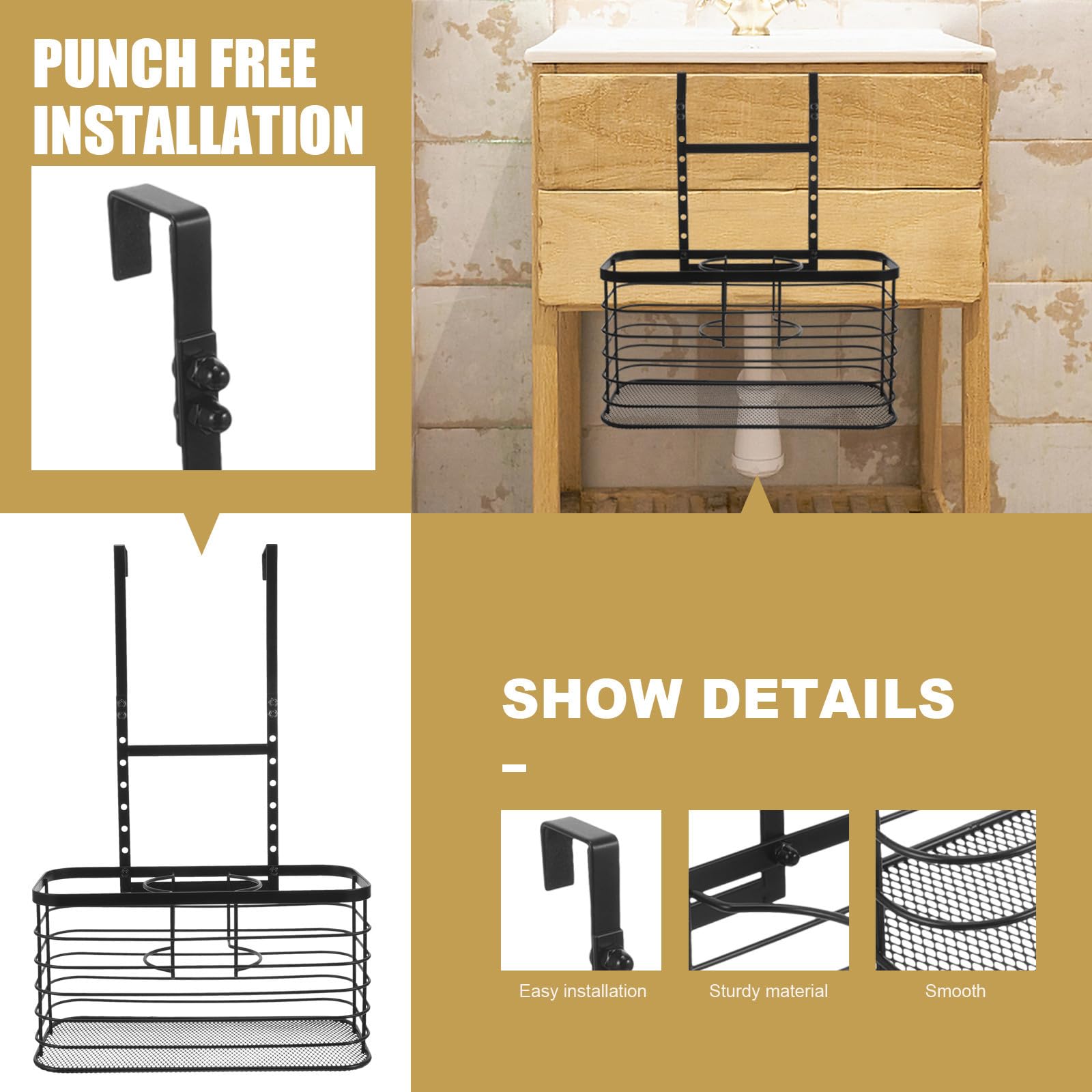 PACKOVE Soporte para Secador de Pelo para Puerta, Organizador de Herramientas para Peinar el Cabello, Negro, Hierro, sin Perforaciones, Ligero, para Baño