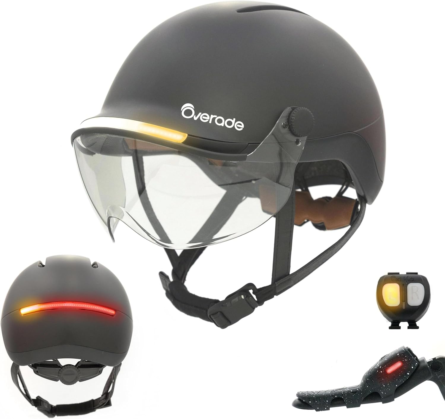 Overade Innovation - 'Life' Helmet with Visor for Bicycle and Scooter, with Powerful Front/Rear Light, Oximote Remote Control Included, Brake Light Function Included, One Size fits All.