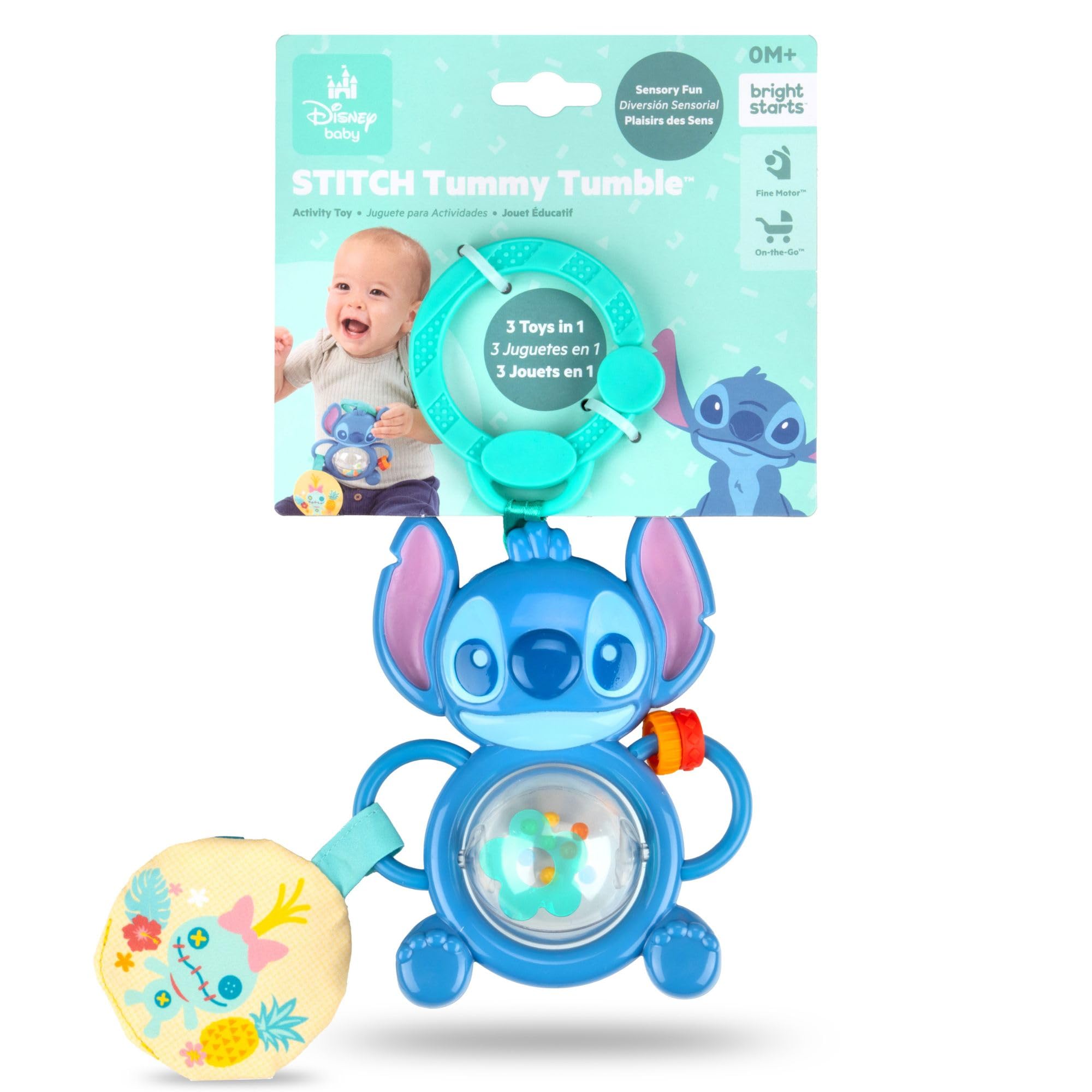 Bright Starts Disney Baby Stitch Tummy Tumble Baby Toy - Spinning Bead Chaser Toy, On The Go Travel, Unisex, Stroller Toy for Newborns & Up