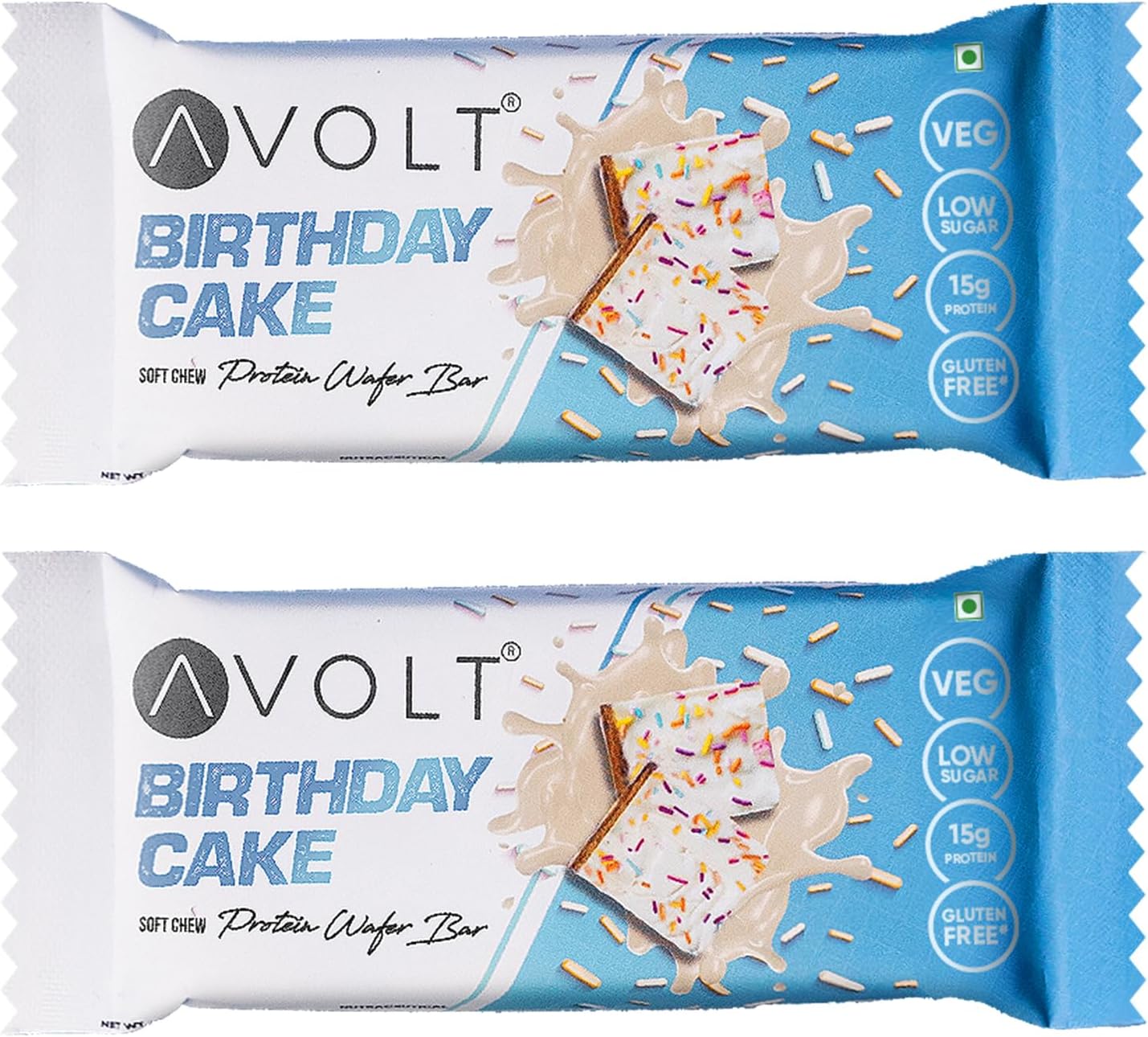 Avolt Birthday Cake Protein Bars with 15g Protein | Pack of 2 x 50g each | High Energy Wafer Bars, No Added Sugar | 100% Veg | Guilt-Free Bar for Fitness & Immunity Booster