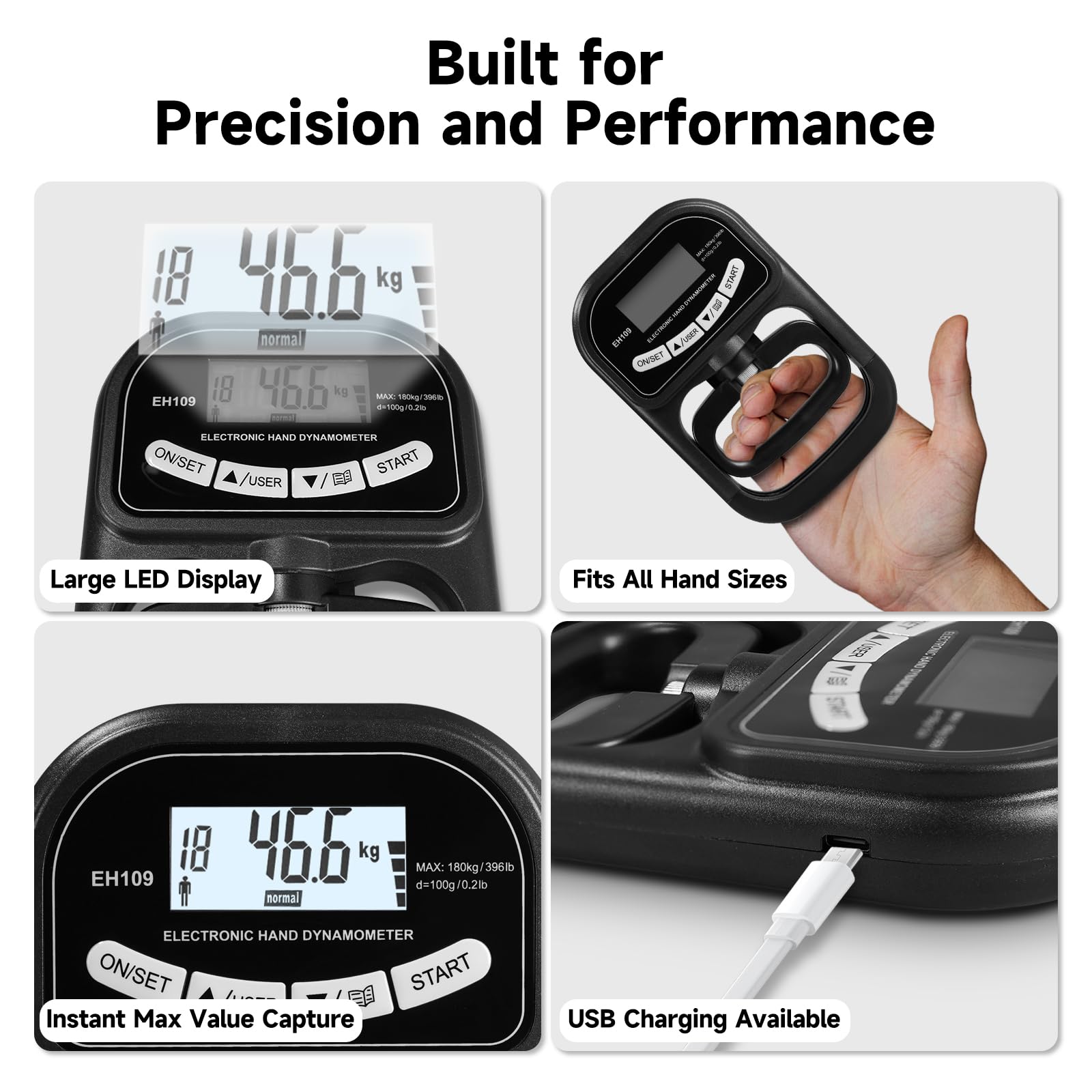 Juego de medidor digital de fuerza de agarre y entrenador, dinamómetro de mano LCD con memoria de 19 usuarios, USB o batería + ejercitador de agarre electrónico con reinicio de 1 toque, regalo