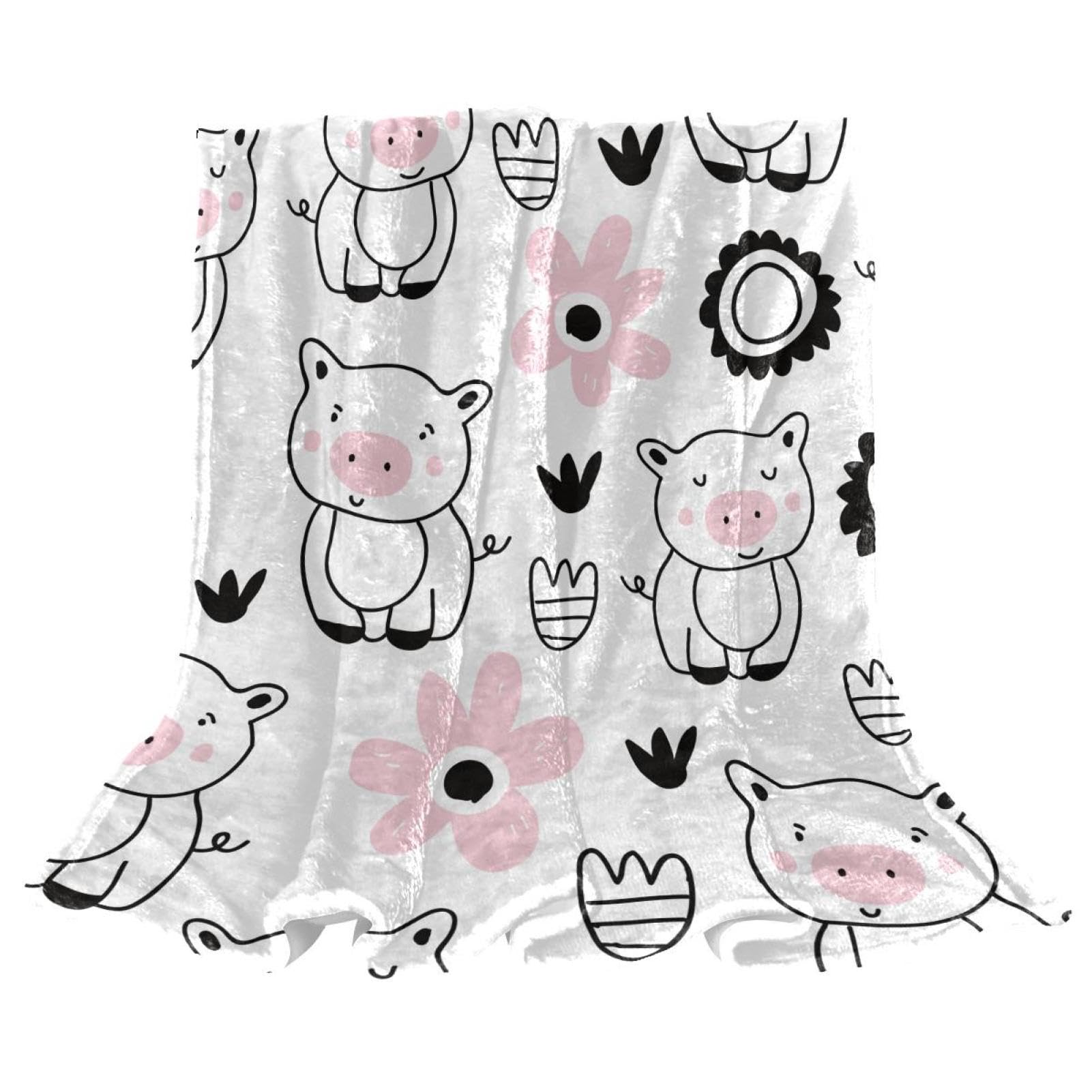 Couverture polaire cochon et fleur 150x100cm pour canapé et lit