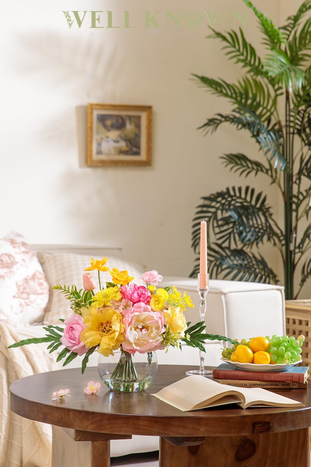 Artificial Flowers Centerpieces in Glass Vase with Fake Water, Silk Rose Peony & Fake PU Tulips Bouquet with Vase for Birthday Party Wedding Dinning Table Office Hotel Decor (Yellow & Hot Pink Plus) - Image 4