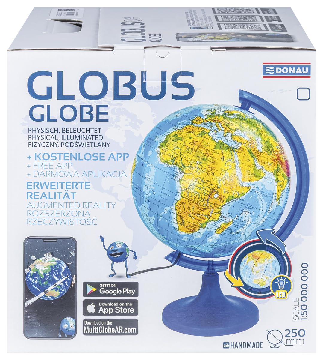 DONAU Politisch-physischer Globus / 25 cm/Karte auf Deutsch/Leuchtglobus/Interaktive Multiglobus-Anwendung/Lernhilfe/Schreibtischdekoration/Geografieunterricht für Kinder/Nachttischlampe