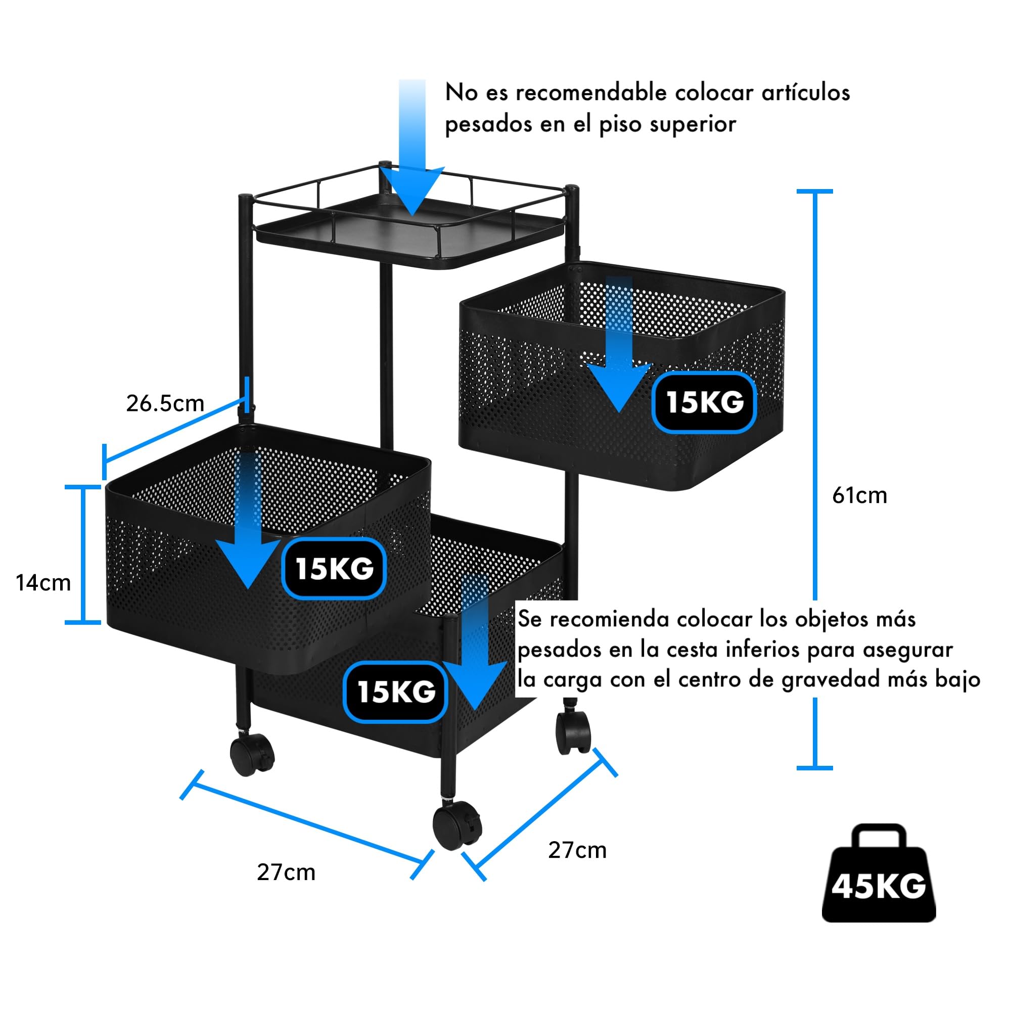 Carro auxiliar metálico con ruedas y cestas plegables ahorra espacio | Carrito cocina verdulero frutero | Estantería organizador de metal gran capacidad y bandeja superior | Estante cocina