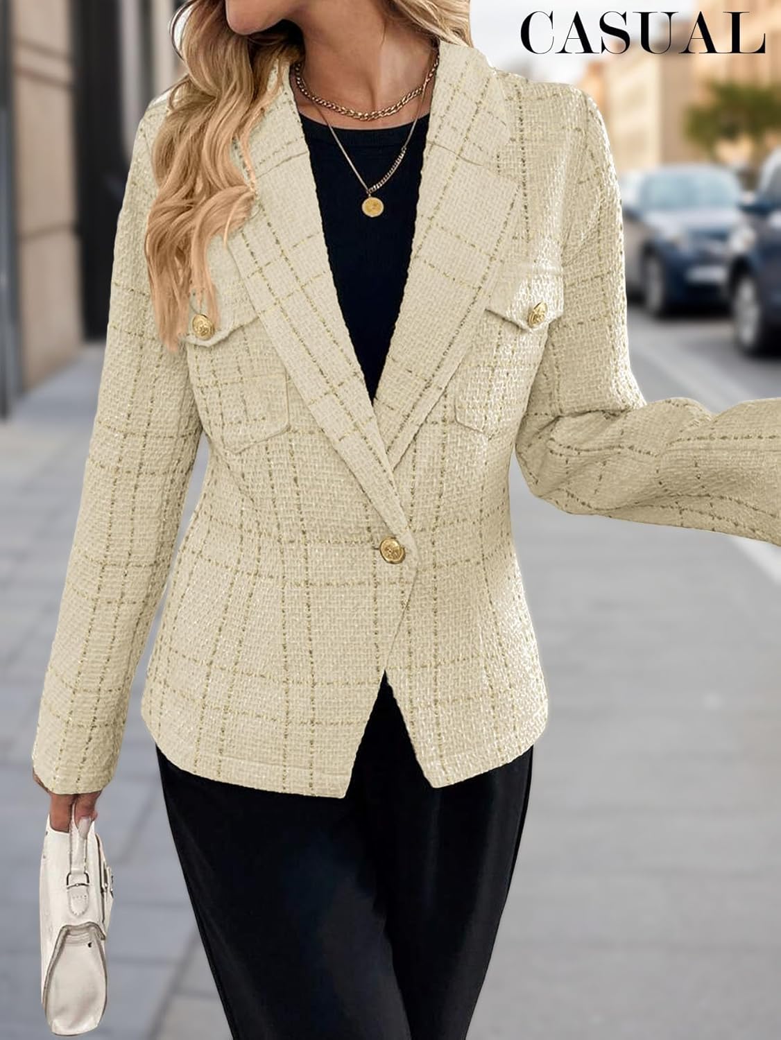 Mina Self 2026 Spring Women's Tweed Blazer Plaid - Slim Fully-Lined Petite Fashion Casual Work Office Suit Jacket with Pocket - Image 3