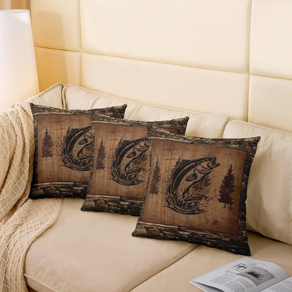 Feelyou Fish Throw Pillow Covers 24"x24" Set of 2 Fish Hunting Decorative Throw Pillowcase Room Bass Big Fish Pillow Case Cushion Cover Farmhouse Rustic Cabin Country Brown Cushion Case
