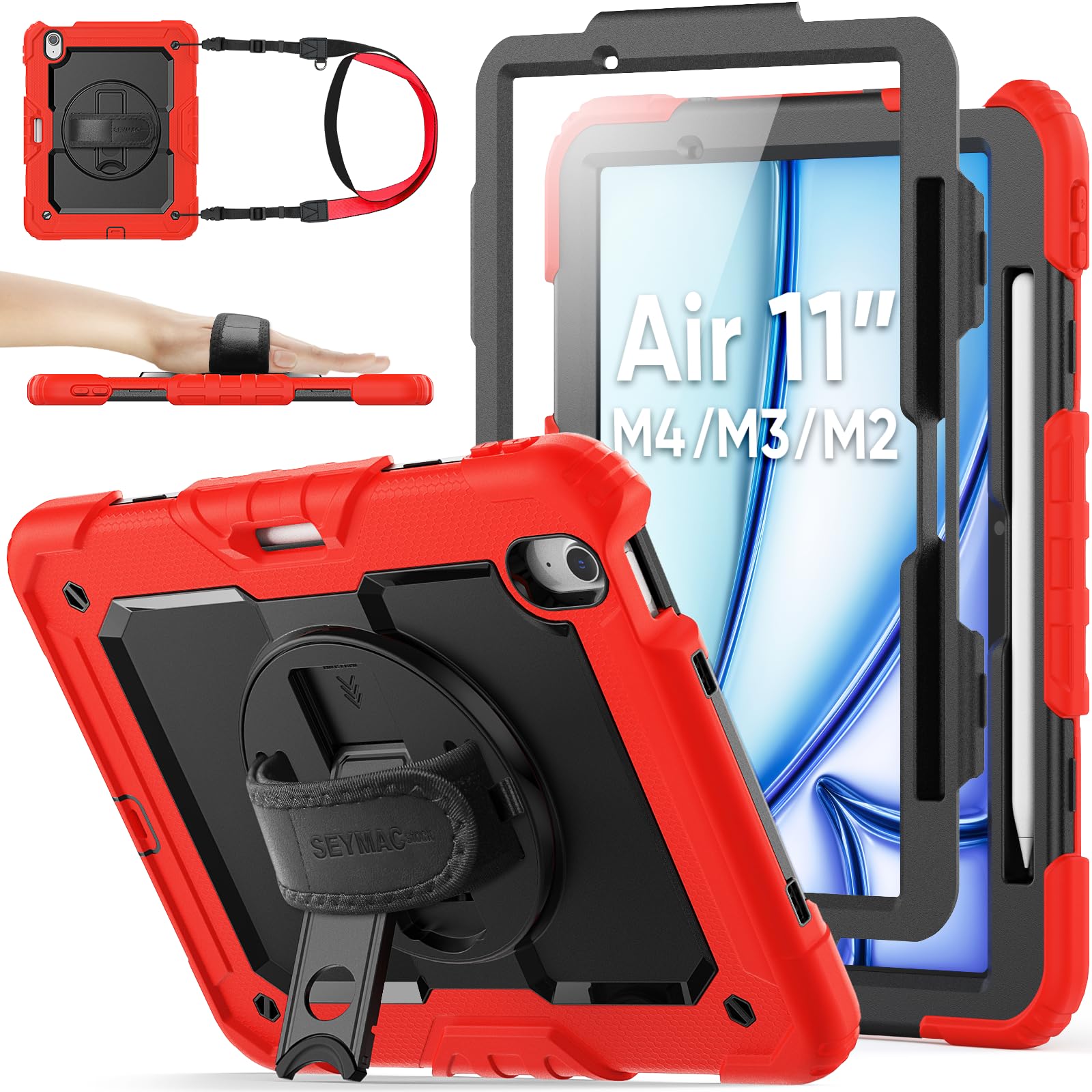 SEYMAC stock Case for iPad Air 11-inch M4-M2 2026-2024 Gen 8-6 Shockproof Heavy Duty Case with Screen Protector Pencil Holder Rotating Stand Hand Strap Shoulder Strap Black product thumbnail 2