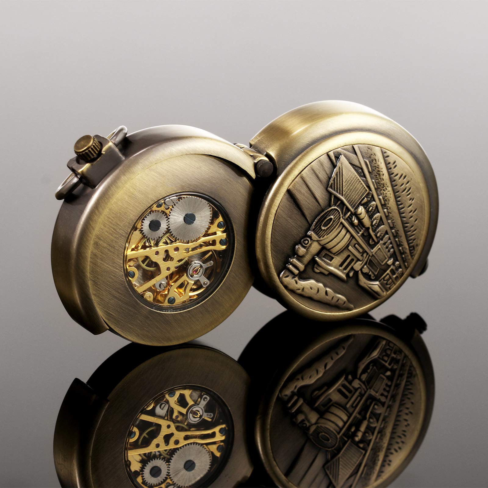 TREEWETO Reloj de bolsillo unisex con cadena, analógico, cuerda manual, forma especial, grande, hueco, bronce