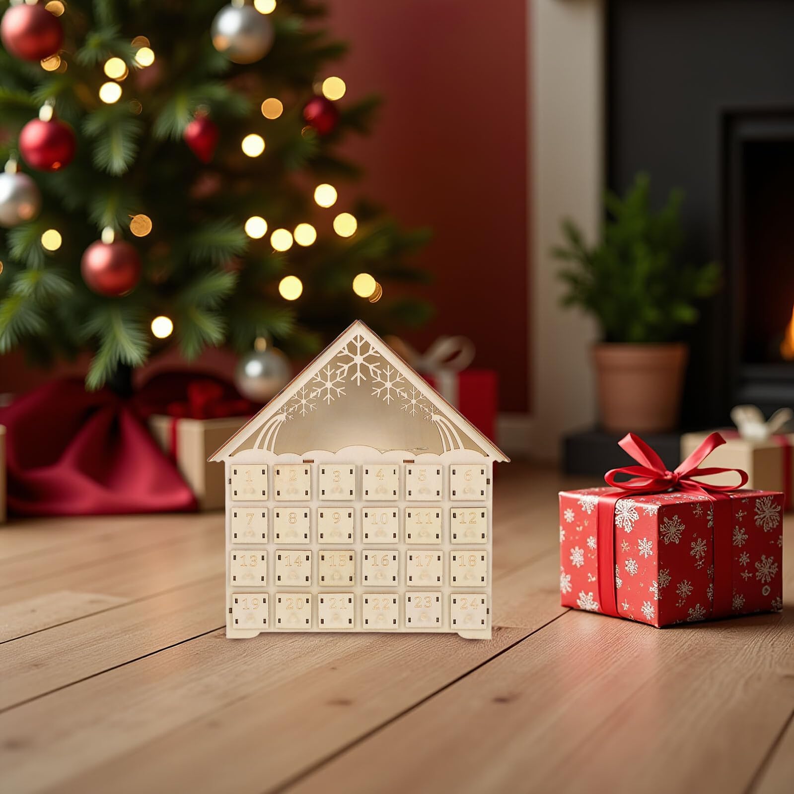 DOITOOL Calendario de Adviento de Navidad con Luz LED Reutilizables de Madera para Decoración de Pueblo Navideño Calendario Contador para Sala Oficina y Estilo Rústico