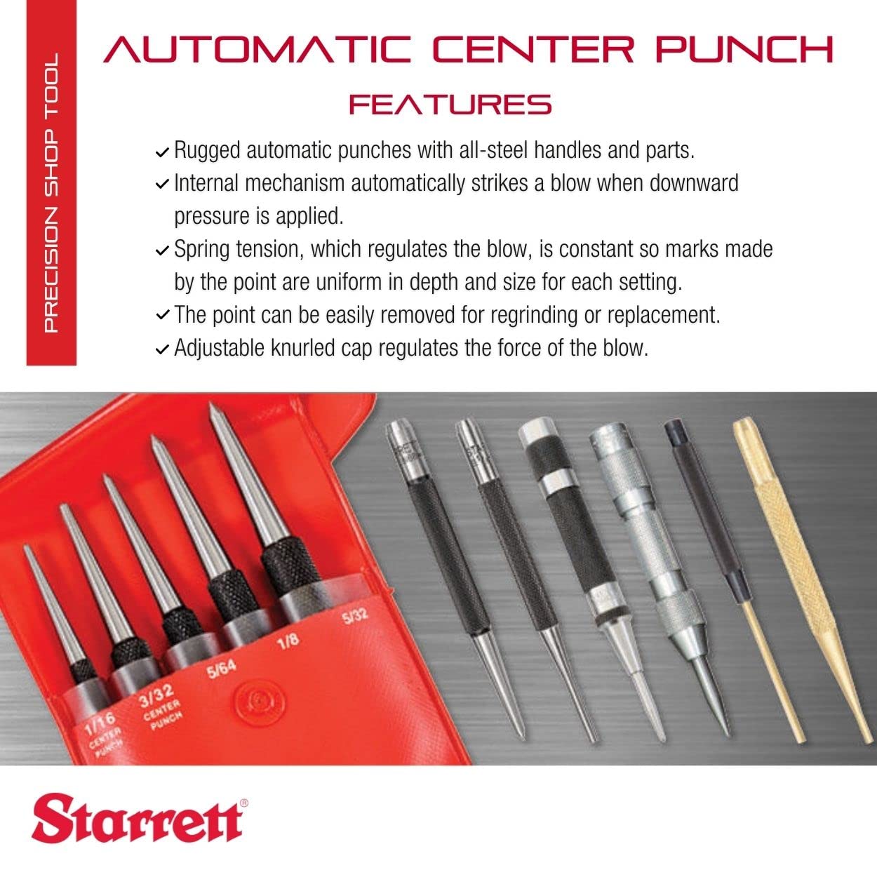 Starrett Automatikkörner mit justierbarer Schlagkraft, Länge 125 mm, Durchmesser 14 mm 18A & Wolfcraft Vorbohrer mit Senker und Tiefenstopp 2544000 I Ø 3,2 – 12 mm I Winkel 45 °