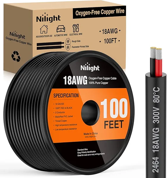 Nilight 100FT 18AWG Oxygen-Free Copper Wire Red Black Electrical Wire Stranded PVC Cord 2 Conductor Parallel 300V DC Flexible Extension Cords for LED Strips Lamps Lighting