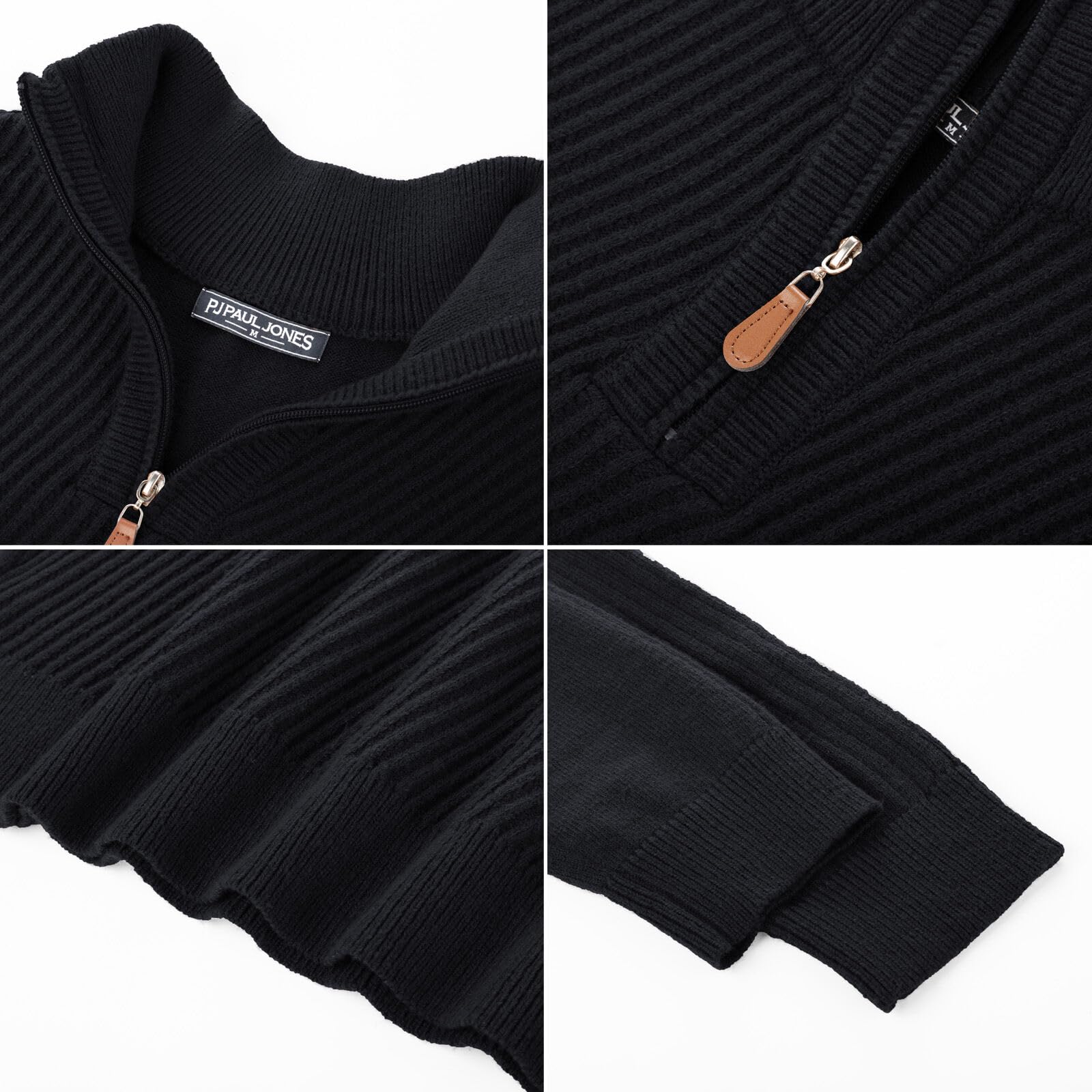 PJ PAUL JONES Jersey de cuello alto para hombre con cremallera 1/4, jersey de manga larga con cuello de tortuga, suéter de invierno, Negro , L