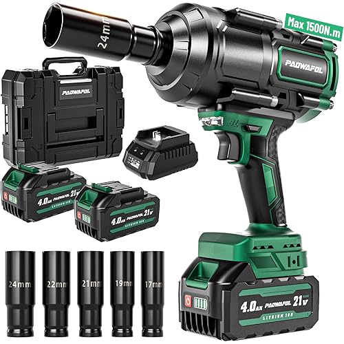 1500N.m(1106ft-lbs) Brushless Impact Wrench, High Torque 1/2" Impact Driver with 2* 21V 4.0AH Battery, Fast Charger, 5 Sockets & Storage Case, Cordless Impact Driver for Home Car Truck Tires