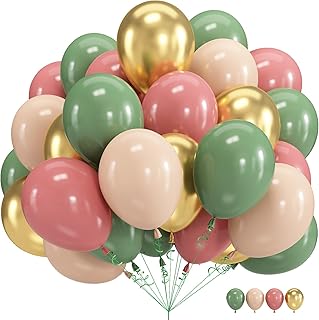 Sage Green Pink Balloon, 60 Packs 12 Inch Sage Green and Dusty Pink Metallic Gold Balloons, Olive Green Gold Balloons for Girls Birthdays Jungle Safari Baby Shower Woodland Party Decoration