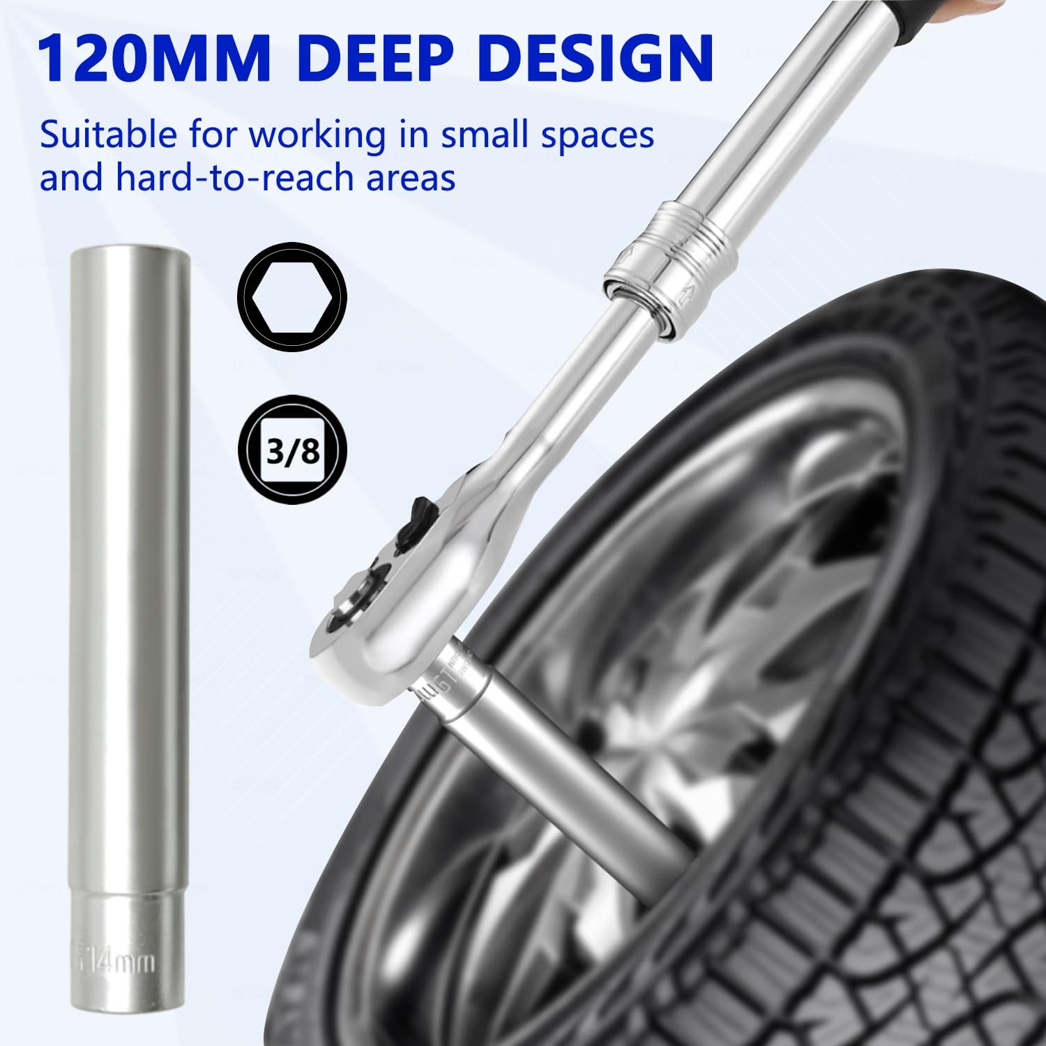 ZKTOOL 5PC Deep Metrichex Socket Set, 3/8-Inch Drive Deep Metric Socket Set 8-10-12-13-14MM - Extra Long Deep 120MM