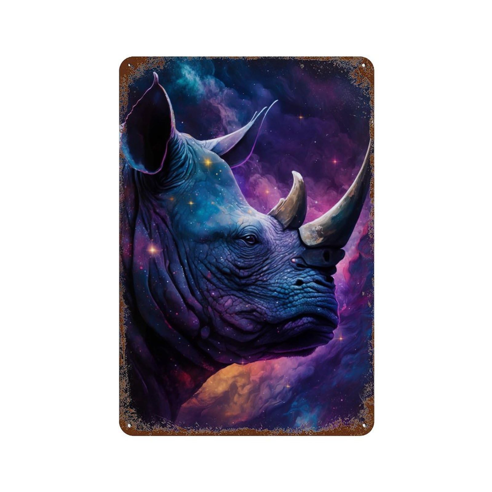 Cosmic Rhino Portrait-3 11.8"x7.9" Distressed Metal Wall Sign, Retro Wall Decor for Garage, Bar And Workshop Decor
