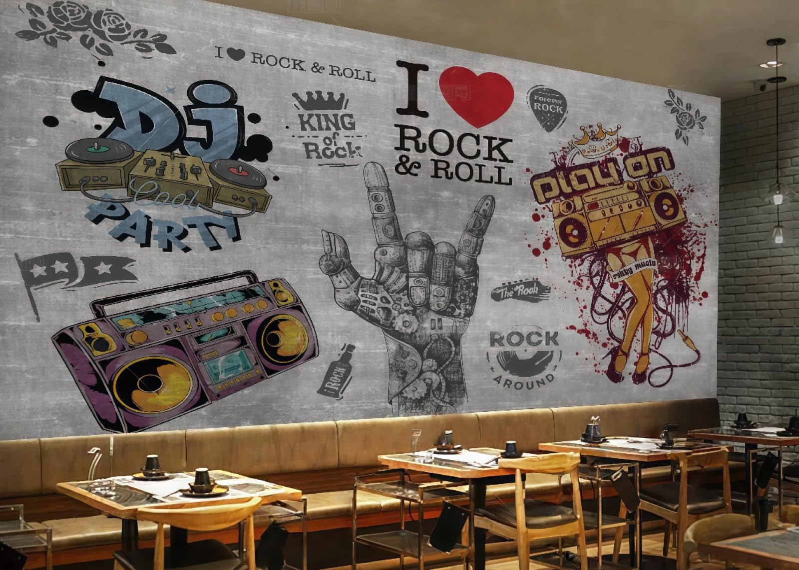 XDOUBAO Wallpaper Fashion Cement Wall Hand-Painted Graffiti Music Bar Theme Drink Afternoon Tea Western Restaurant Background Wall Wallpaper Coffee Shop Mural,3D,250x175cm