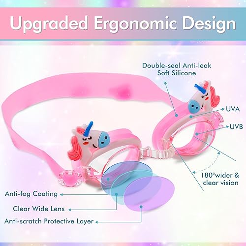 Miniatura 4 de Gorro de natación de unicornio para niños con gafas de natación y bolsa de almacenamiento para niños (de 3 a 12 años), gorras de natación y baño