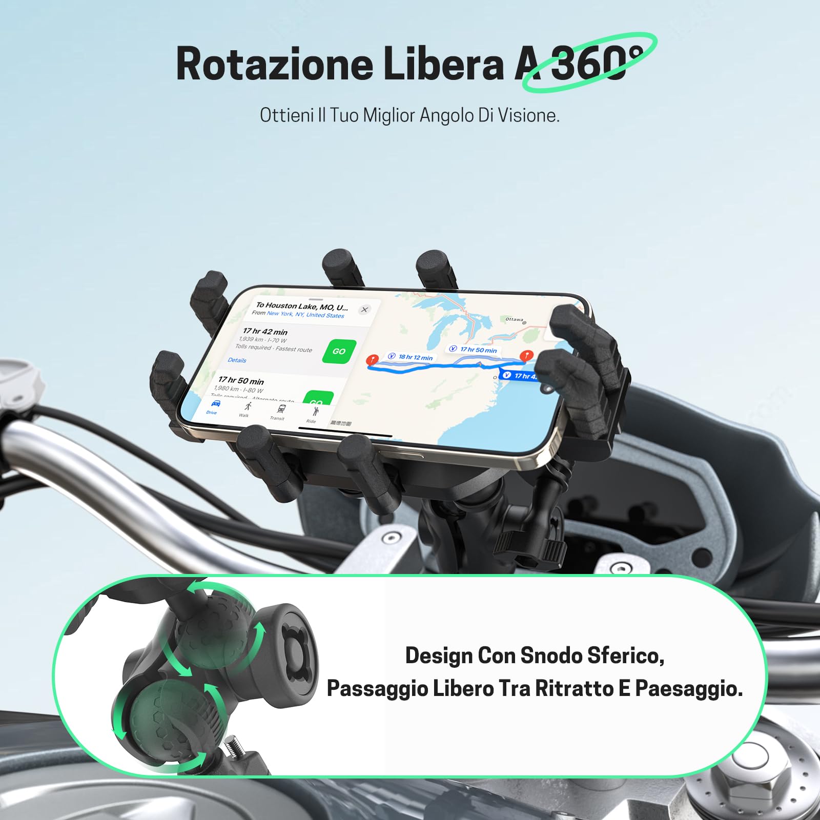 Jeebel Supporto Telefono Moto 3-in-1 Caricatore Smartphone Motociclo con Ricarica Wireless Qi 15W & USB-C QC 3.0 30W, Parasole, Antifurto, Rotazione 360° - Compatibile con iPhone/Android/GPS/ActionCam