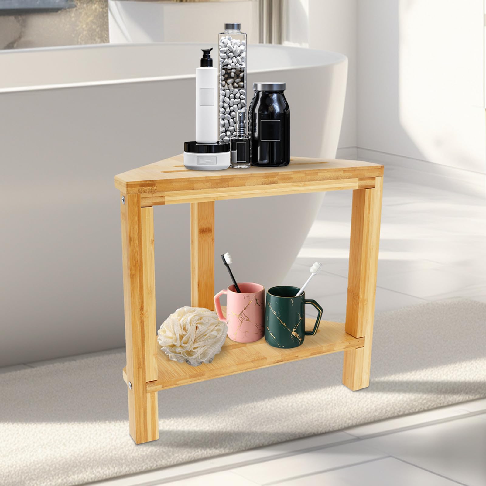 Eck-Duschhocker, Bambus, Fußstütze, Duschbank, platzsparend, kleine Spa-Hocker für Rasur und Shampoo, perfekt für Badezimmer
