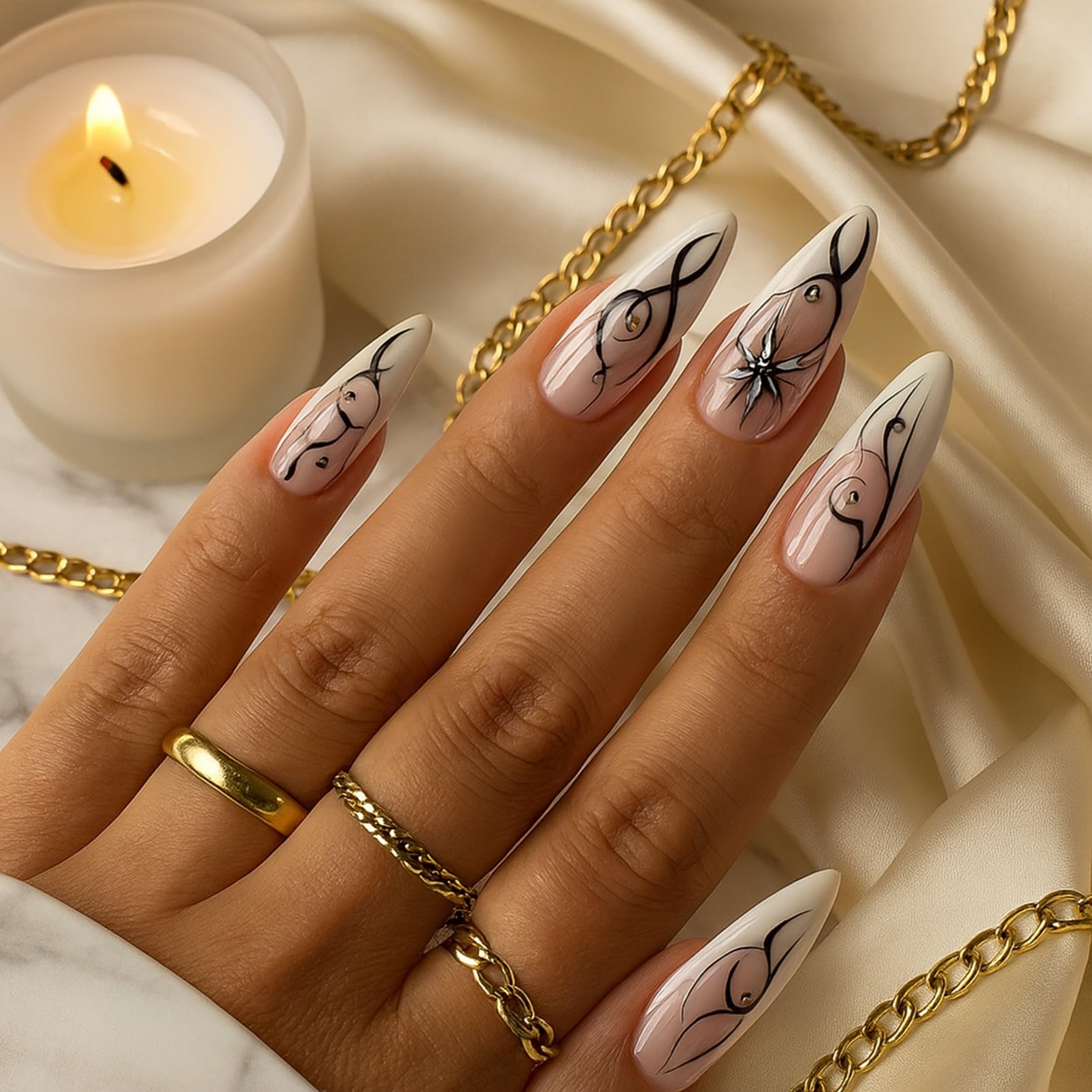 24Pcs Elegant Almond Press on Nails with White Base, Black and Silver Swirl Designs - Image 3