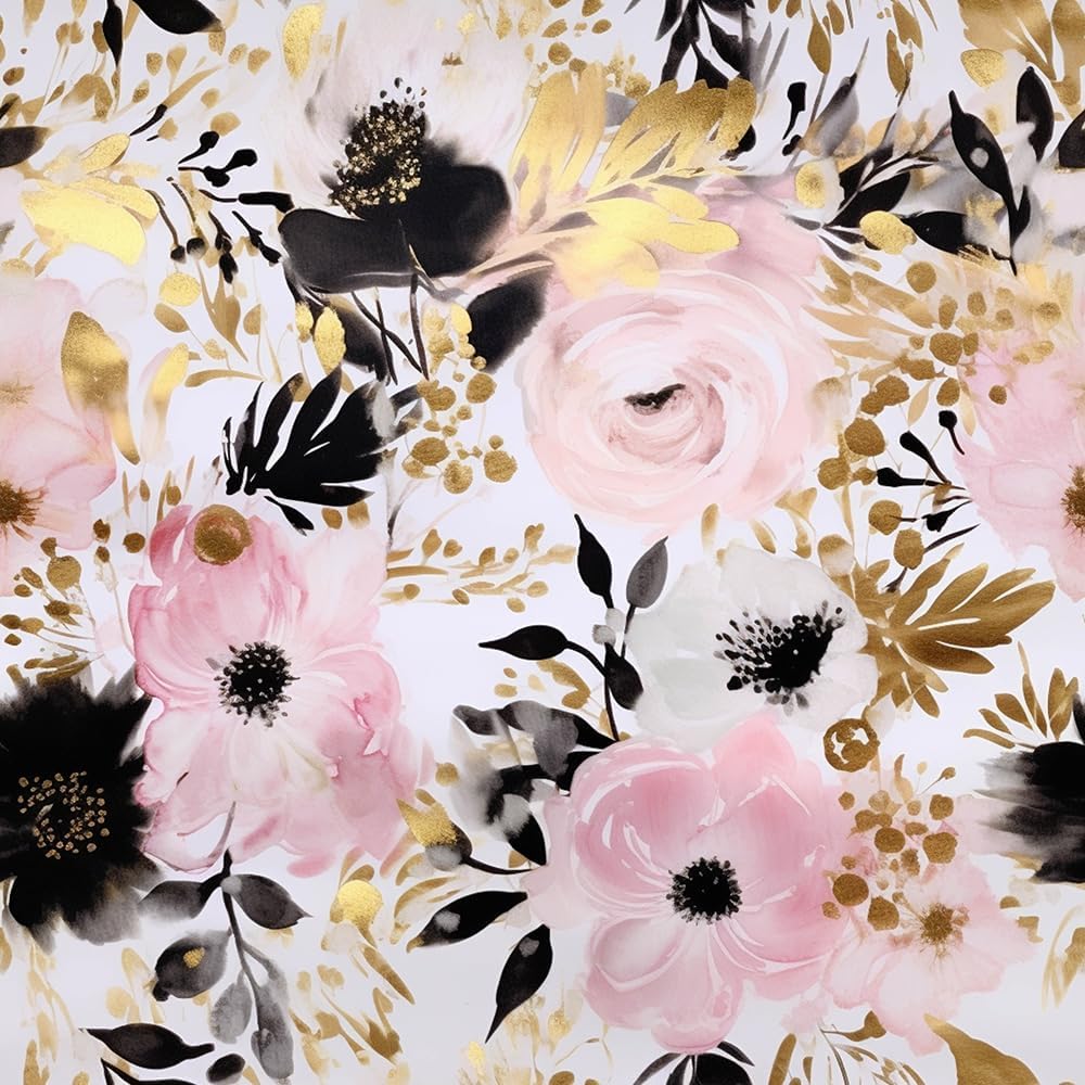 REDAMANCY 17.7"x236" Pink Gold Black Peony Flower Modern Peel and Stick Wallpaper Modern Wall Paper Stick on Contact Paper Easy Peel Off for Bedroom nightstand Drawer Renter Friendly