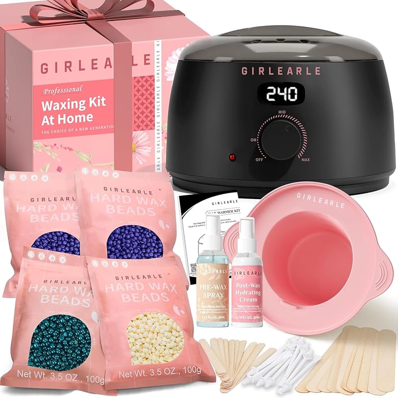 Kit de depilação com cera GIRLEARLE preto e rosa com aquecedor digital, para nariz e orelhas, Pacote com 4 sacos de pérolas de cera