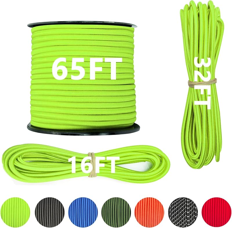 1/4" x 32' Marine Grade Bungee Cord Elastic Shock Cord, Kayak Stretch String Rope, Heavy Duty Bungee Shock Cords for Repairing Tent Poles, DIY, Tie Downs (Neon Yellow)
