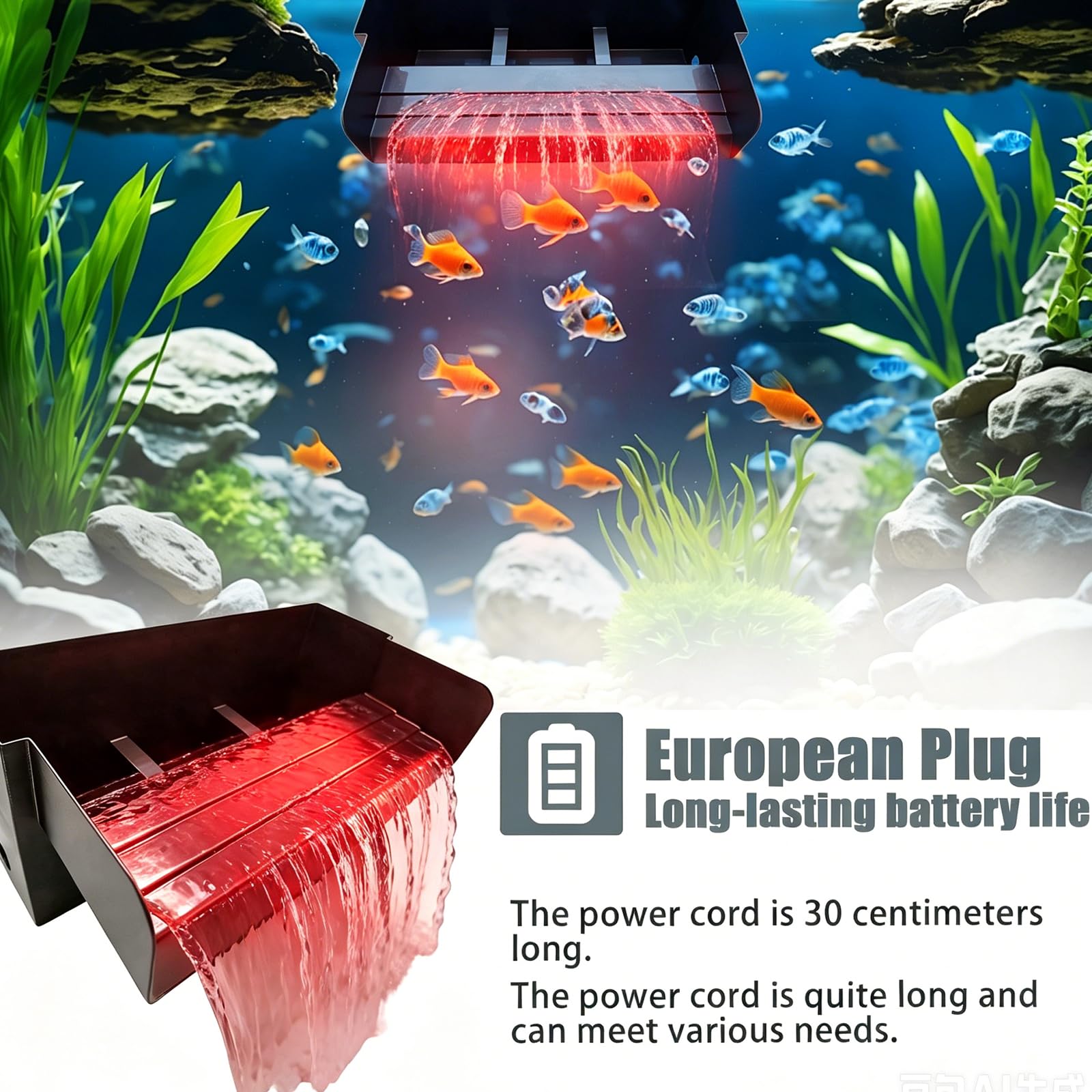 Teich Wasserfall für Gartenteich, 30CM Edelstahl Teichwasserfall Set mit LED Licht Garten Teich Brunnen 45W 3000 L/H mit Wasserfall Deko Garten Teich Wasserspiel Patio Terrasse Außenteich