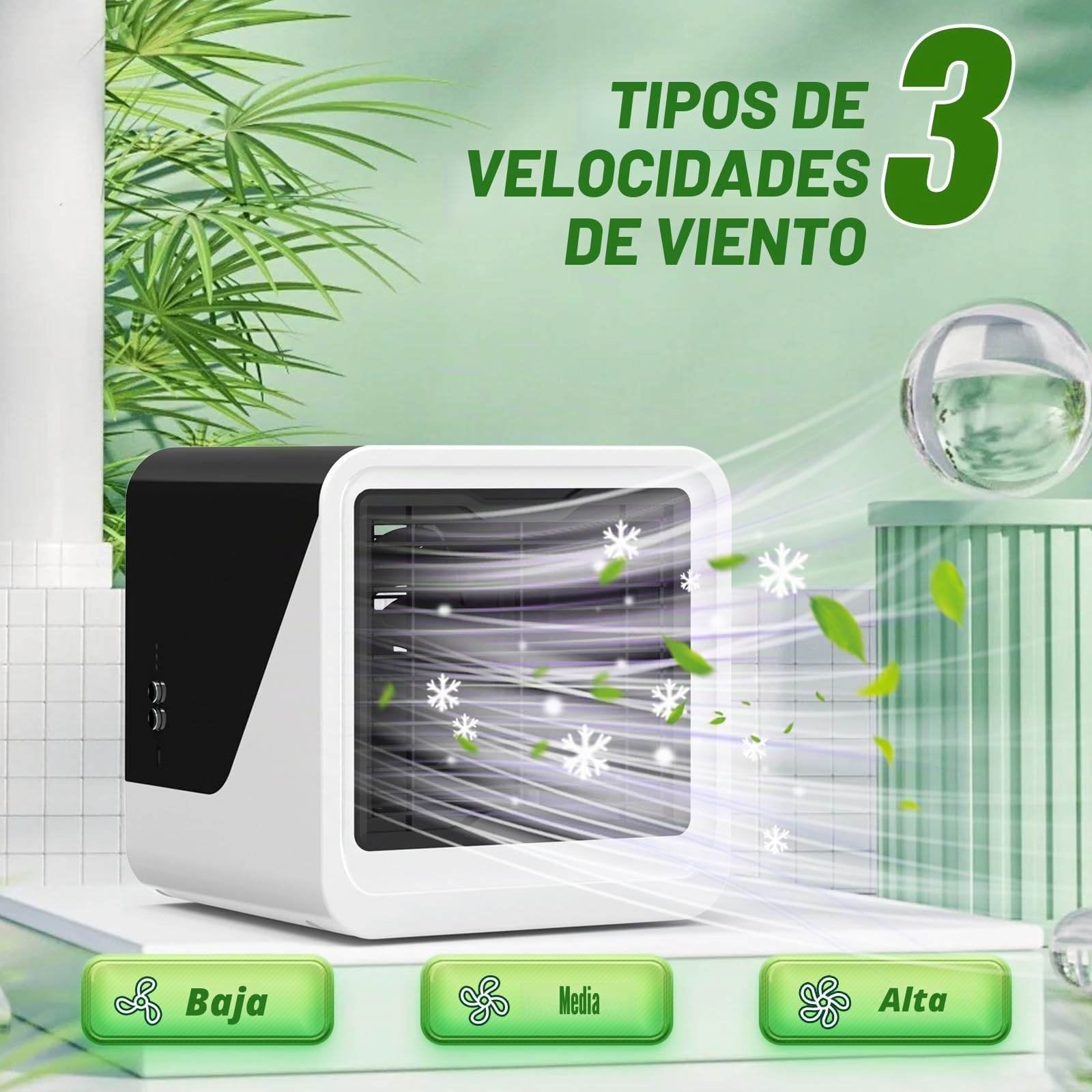 Ventilador Portátil, Aire Acondicionado Portátil Sin Tubo Exterior 500 ml, 3 Velocidades de Ventilación Silenciosa y de bajo Consumo, Pequeño Ventilador Personal ideal para Dormitorios y Oficinas