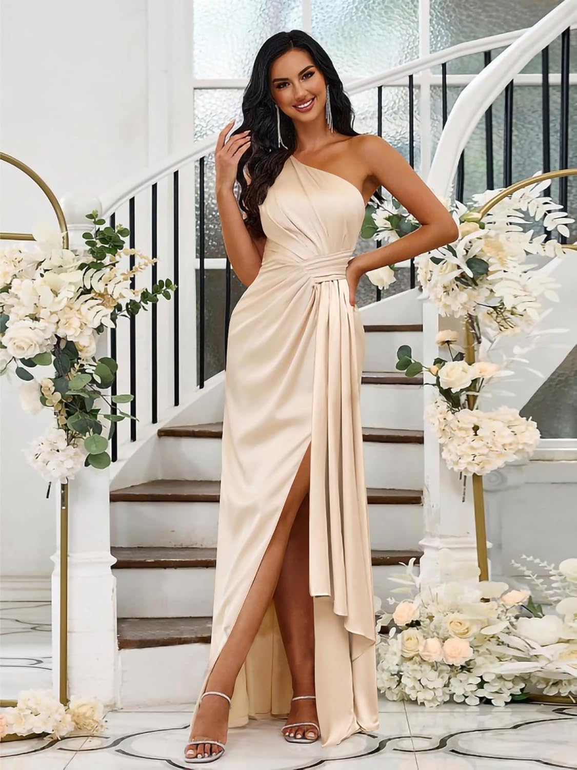 Mermaid Prom Dress for Women Satin One Shoulder Bridesmaid Dresses with Slit Long Pleated Evening Gowns