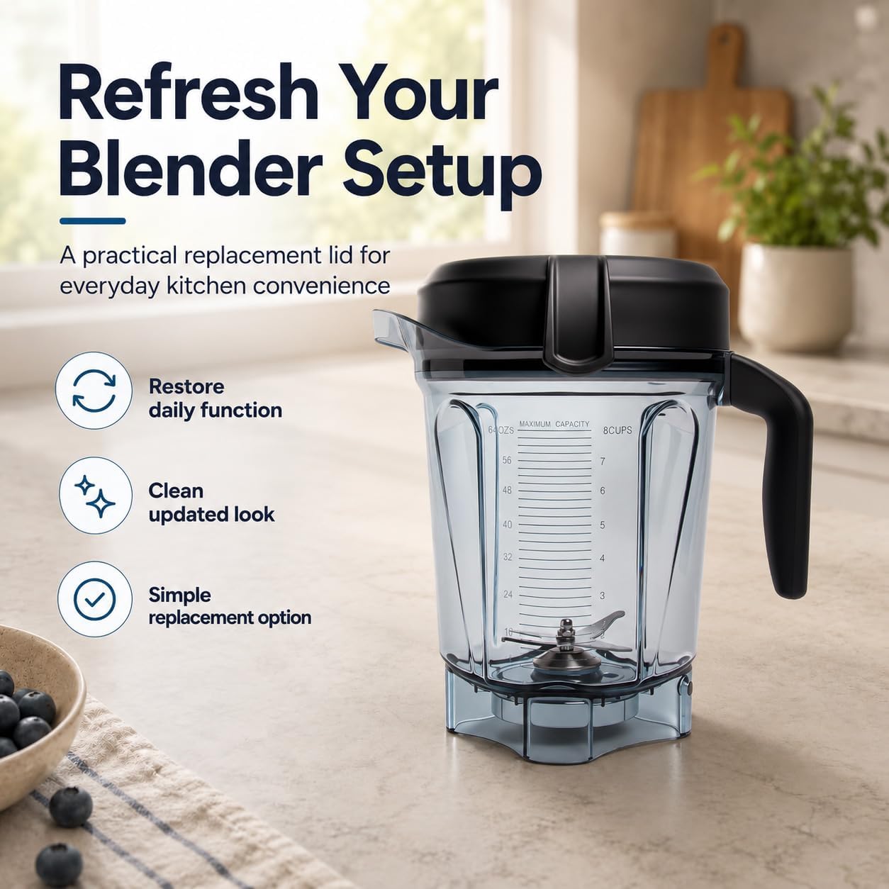 Blender Lid Replacement for Vitamix 64oz Low-Profile Container | BPA-free, fits 64oz low-profile containers. Compatible with Pro 750, 5300, 6500, 7500, E320, VM0158, VM0197