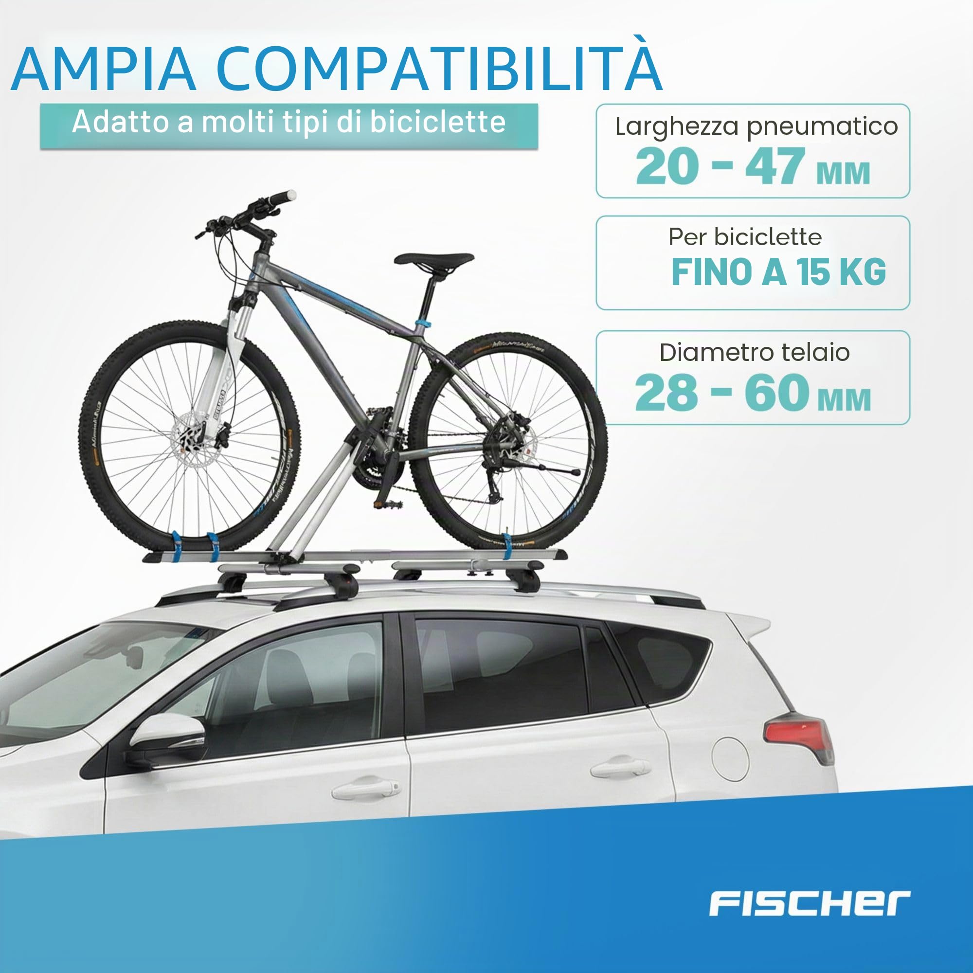 FISCHER, portabici da tetto per auto, testato TÜV GS, adatto per una bicicletta, carico fino a 15 kg, con serratura, argento