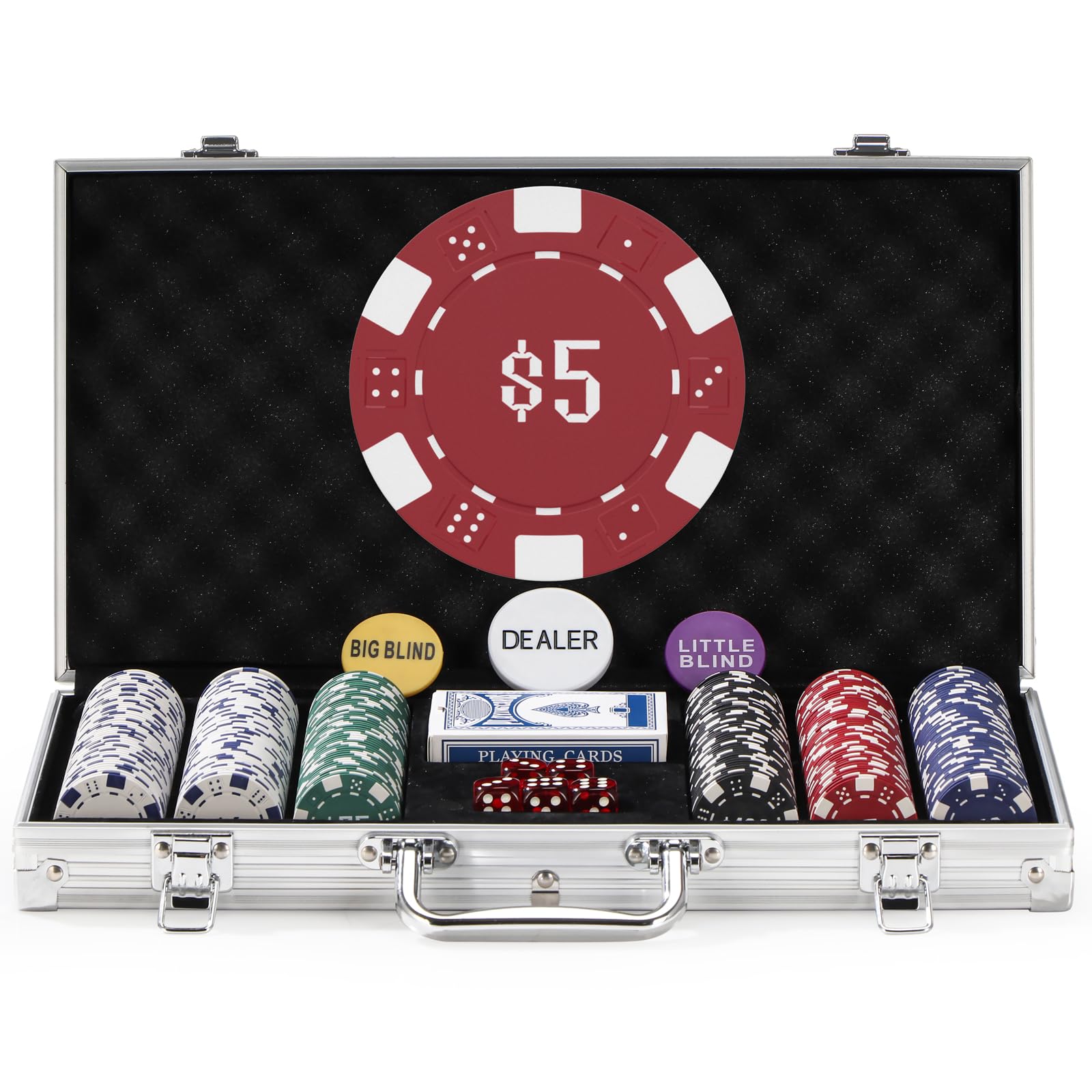 300Pcs Numbered Poker Chips Set for Texas Holdem,Blackjack, Tournaments with Aluminum Case,2 Decks of Cards, Dealer, Small Blind, Big Blind Buttons and 5 Dice,11.5 Gram
