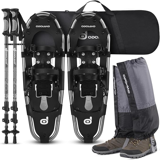 Odoland 21/25/30 Inch Snowshoes with Trekking Poles for Men Women Youth, Waterproof Snow Leg Gaiters and Carrying Bag, Lightweight Aluminum, Heel Lift, Snow Shoes Easy to Wear