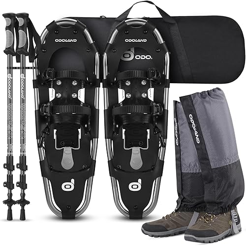 Odoland 21/25/30 Inch Snowshoes with Trekking Poles for Men Women Youth, Waterproof Snow Leg Gaiters and Carrying Bag, Lightweight Aluminum, Heel Lift, Snow Shoes Easy to Wear