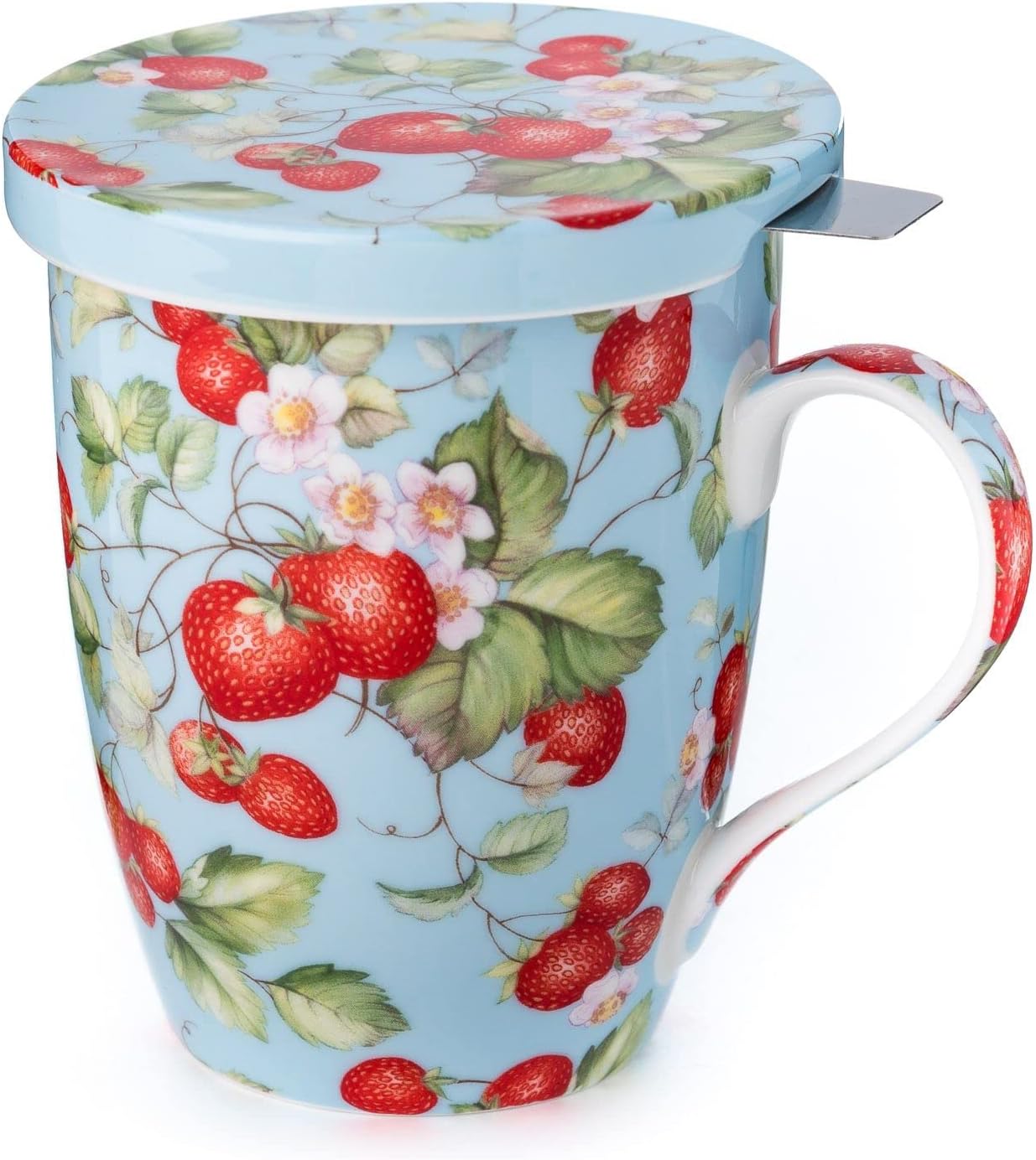 McIntosh Strawberries Forever Fine Bone China Tea Mug with Lid & Infuser (15oz)