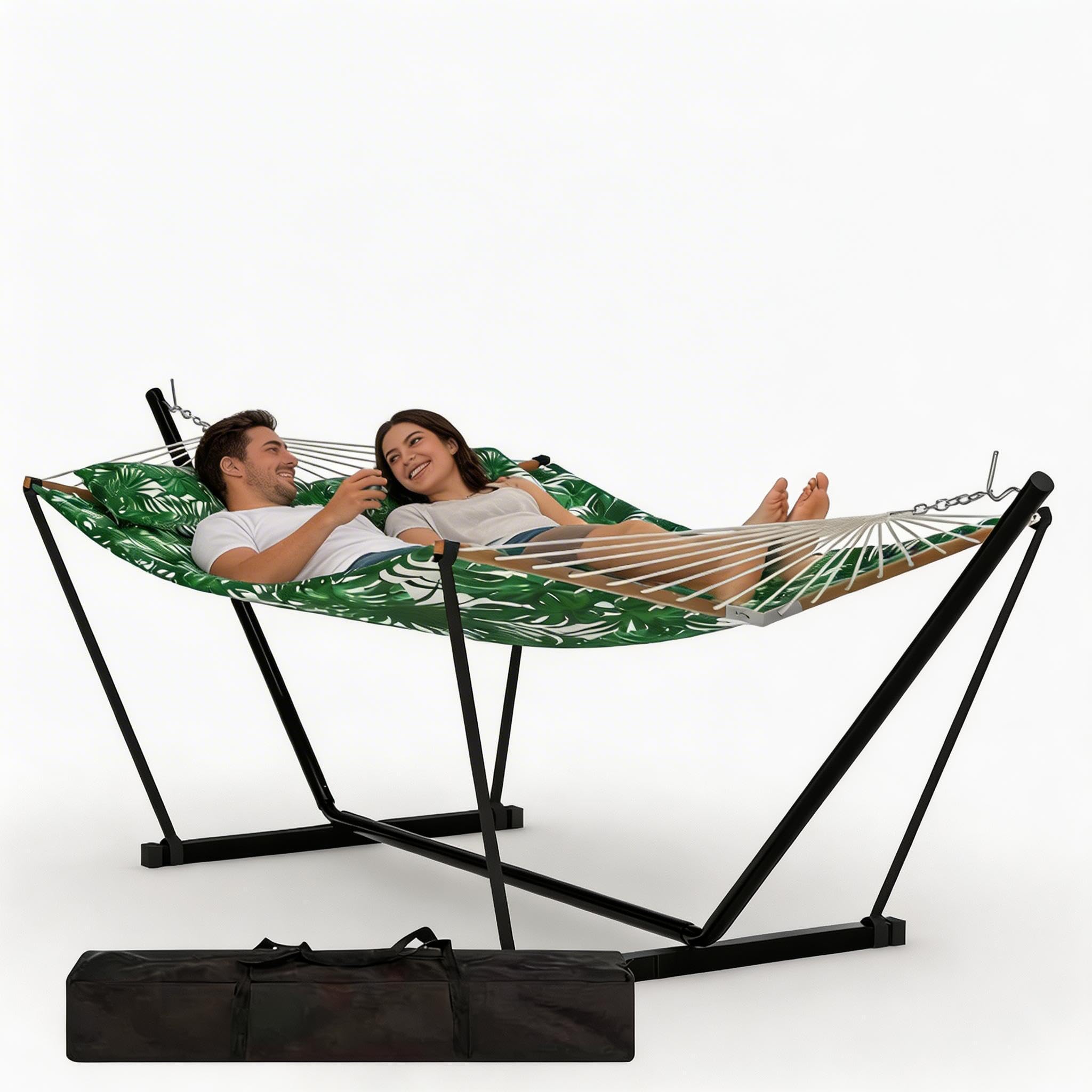 Garveelife Green With Pocket Double Hammock With Stand,Including Carrying Bag&Pillow,2 Persons, 450Lbs, Easy Assembly,For Indoor,Yard,Camping,Pool,Or Outdoor-Green Banana Leaf Pattern
