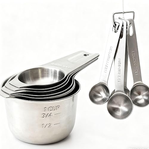Juego de tazas medidoras y cucharas medidoras de acero inoxidable con conector circular, cucharas y tazas medidoras de cocina, herramienta de cocina