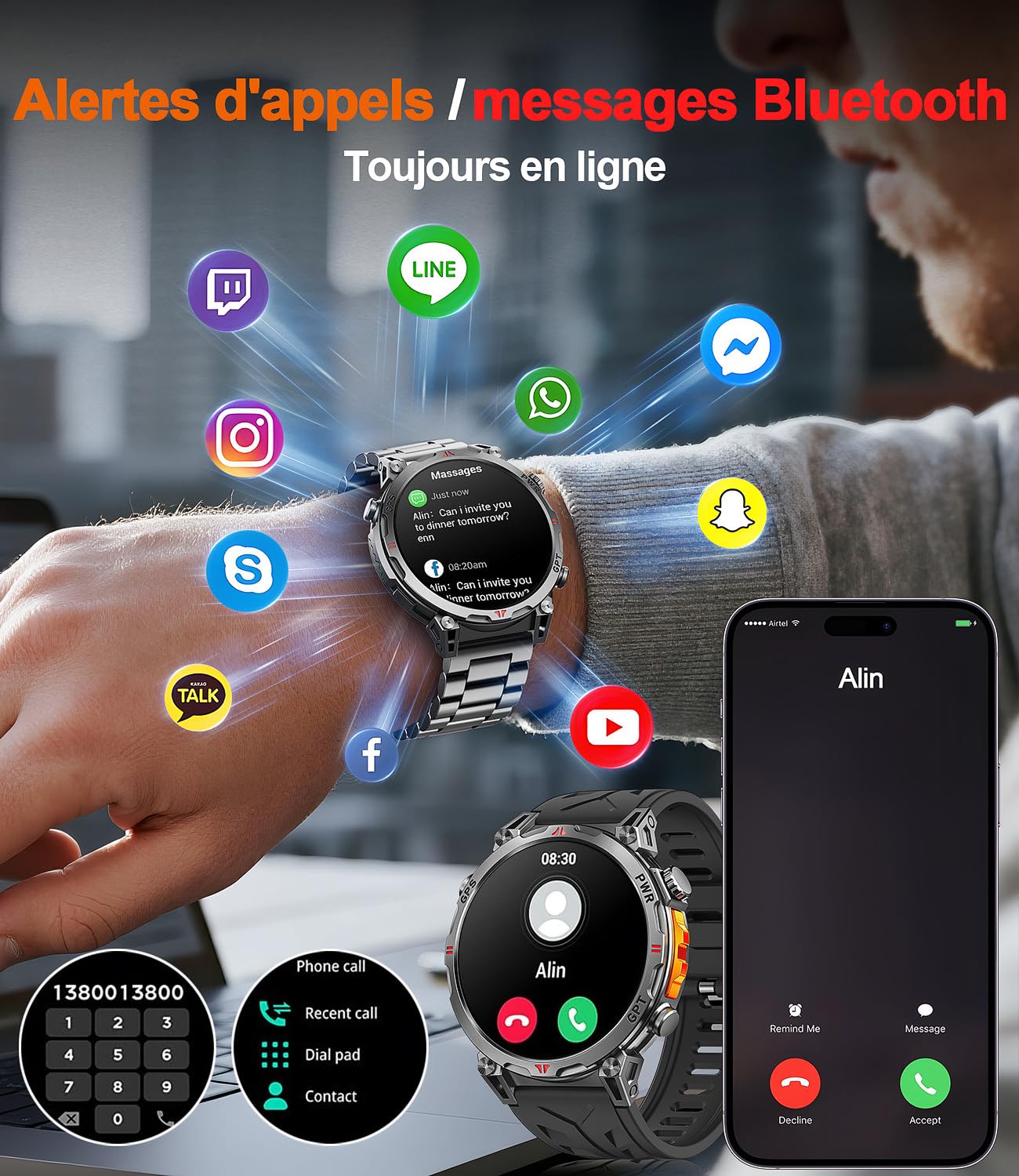 Montre Connectée Homme GPS intégré, AMOLED Appel Bluetooth, Montre Connectée pour Android et iPhone, 100+ Modes Sportifs, 3ATM étanche Montre Sport Homme avec Boussole (1.6)