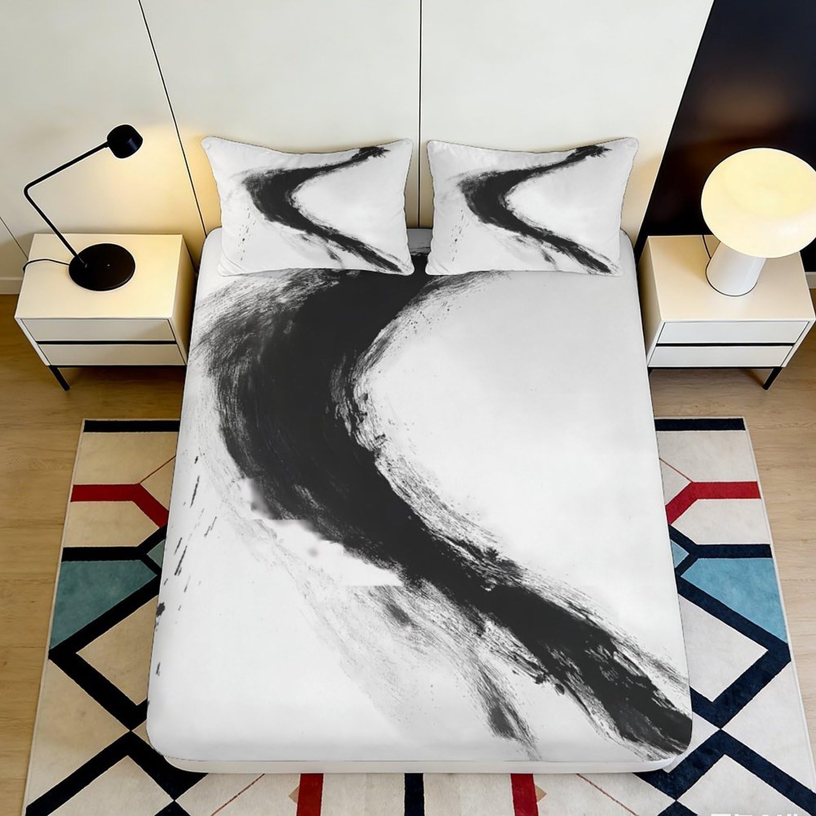 3D Printed Black Brushstroke Fitted Sheet Microfiber Soft Mattress Cover for Bedroom Dorm Decor Protection 90x200x25cm