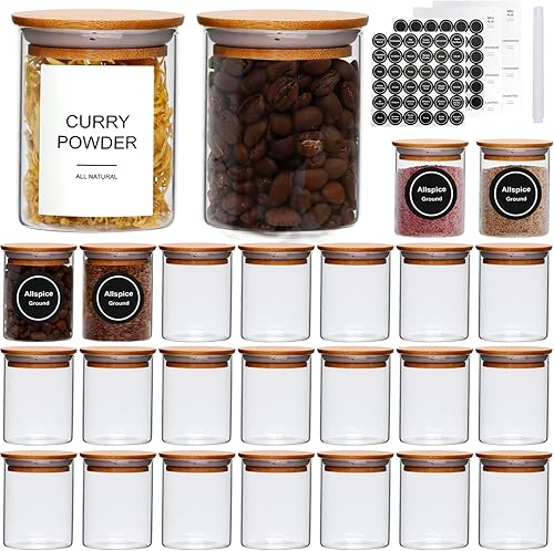 Datttcc Paquete de 25 tarros de especias de vidrio con tapas de bambú, tarros de especias de 4 onzas con etiquetas y tiza, tarros de condimento para