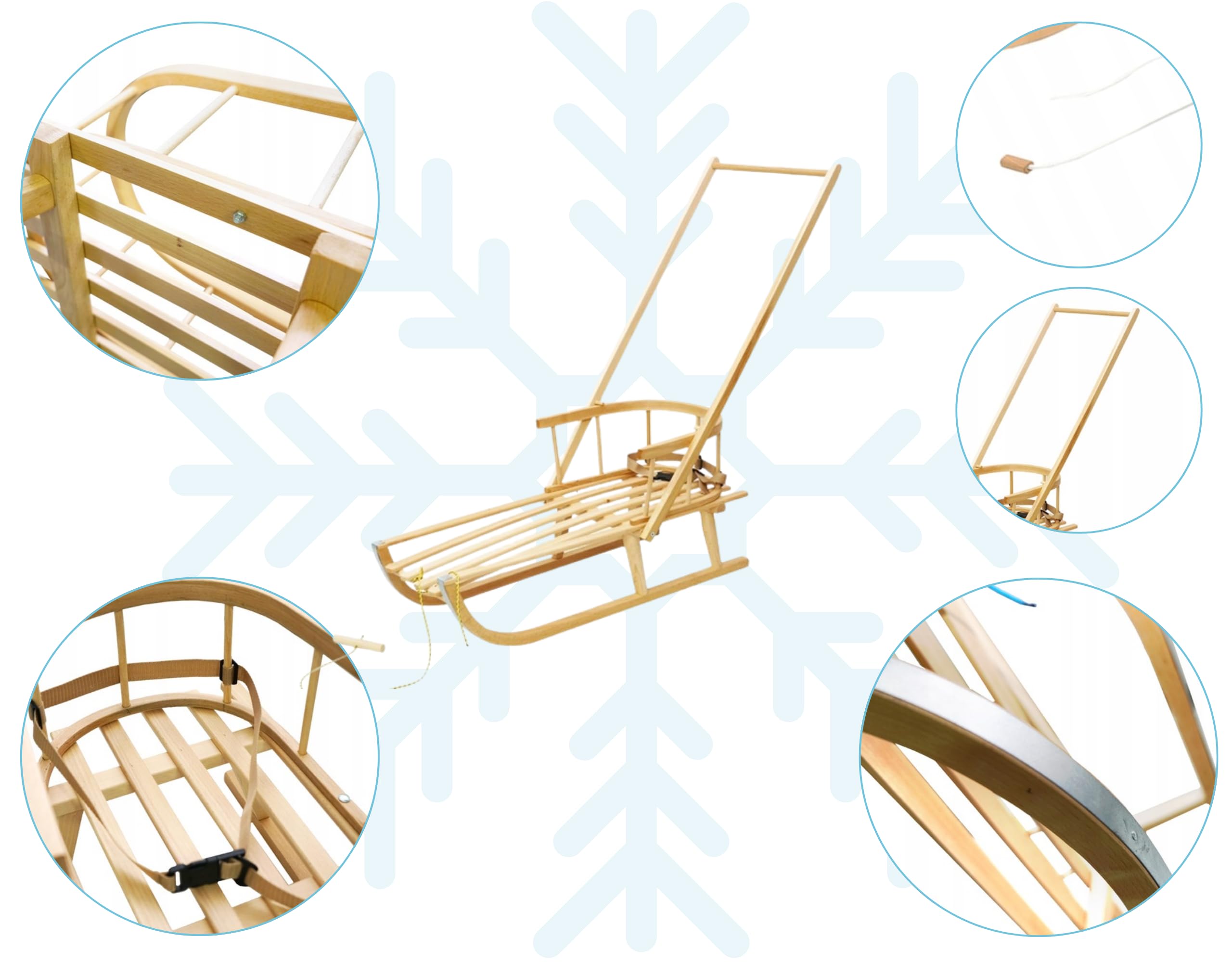 Slittino in legno per bambini con schienale Slitta Davoser in legno, con cintura di sicurezza schienale, pusher, e Sacco a Pelo Invernale Universale - Natur/braunes Leinen