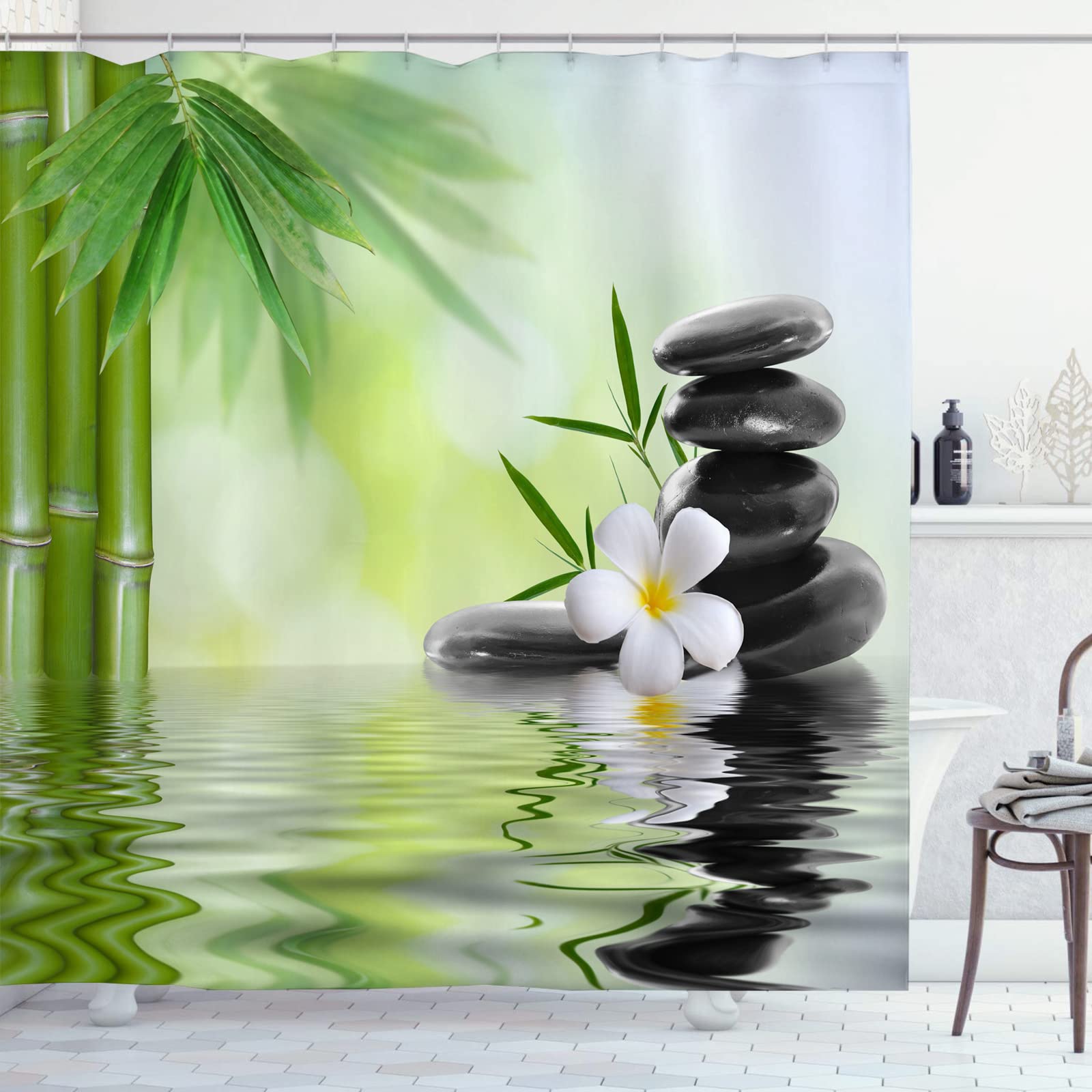 OCEUMACO Shower Curtain 3D Zen Garden for Wet Room Extra Long Quality Fabric Spa Bamboo Bathroom Curtains Anti Mould Proof 180 x 200 cm Waterproof with Hooks Eyelets - Green